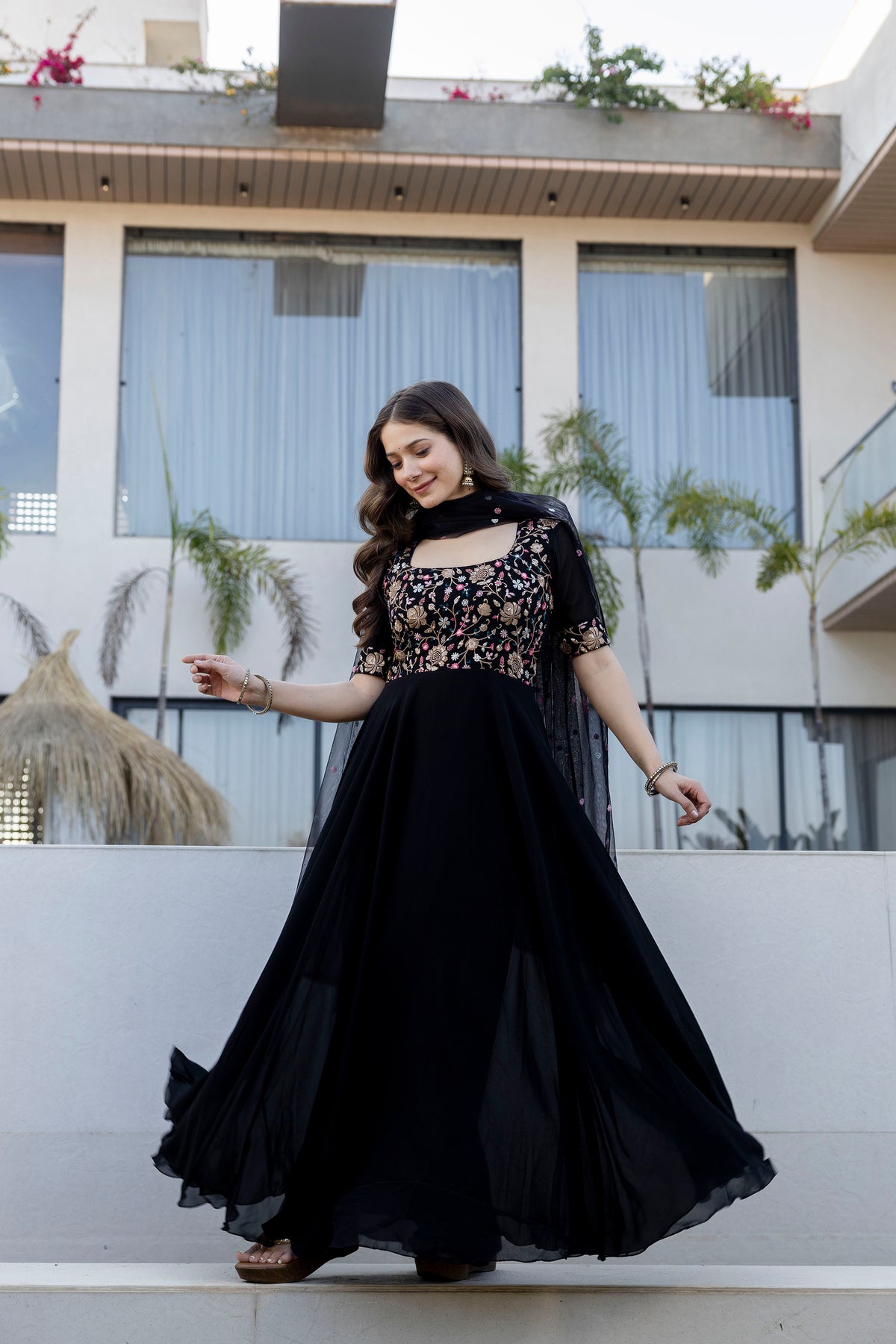 Black Floral Embroidered Sequinned Georgette Anarkali Kurta With Dupatta