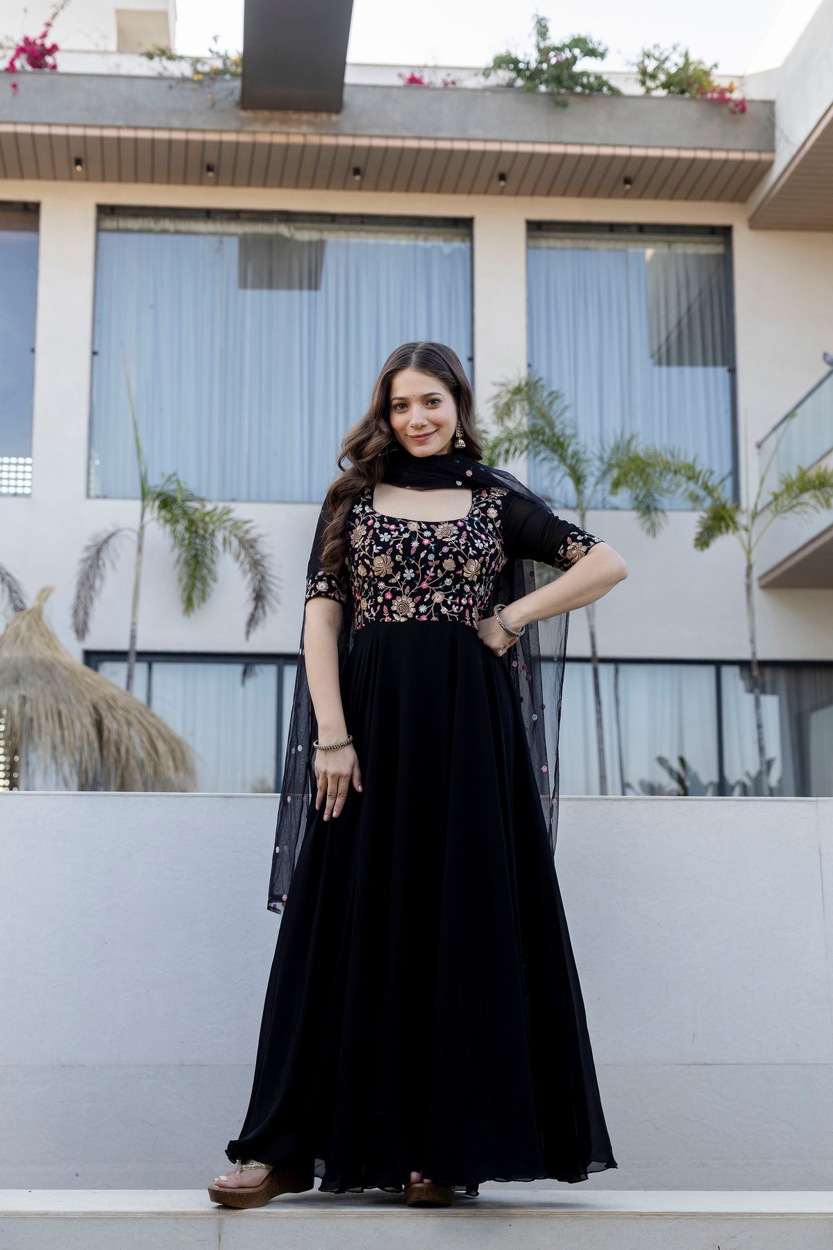 Black Floral Embroidered Sequinned Georgette Anarkali Kurta With Dupatta