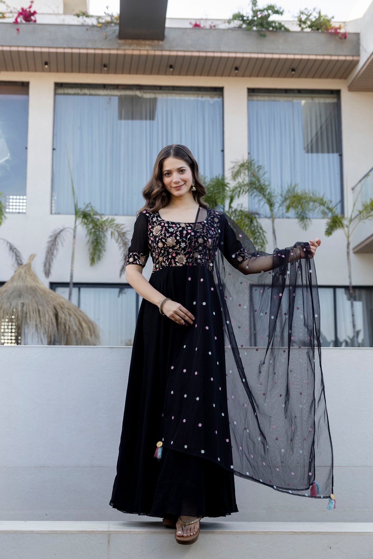 Black Floral Embroidered Sequinned Georgette Anarkali Kurta With Dupatta
