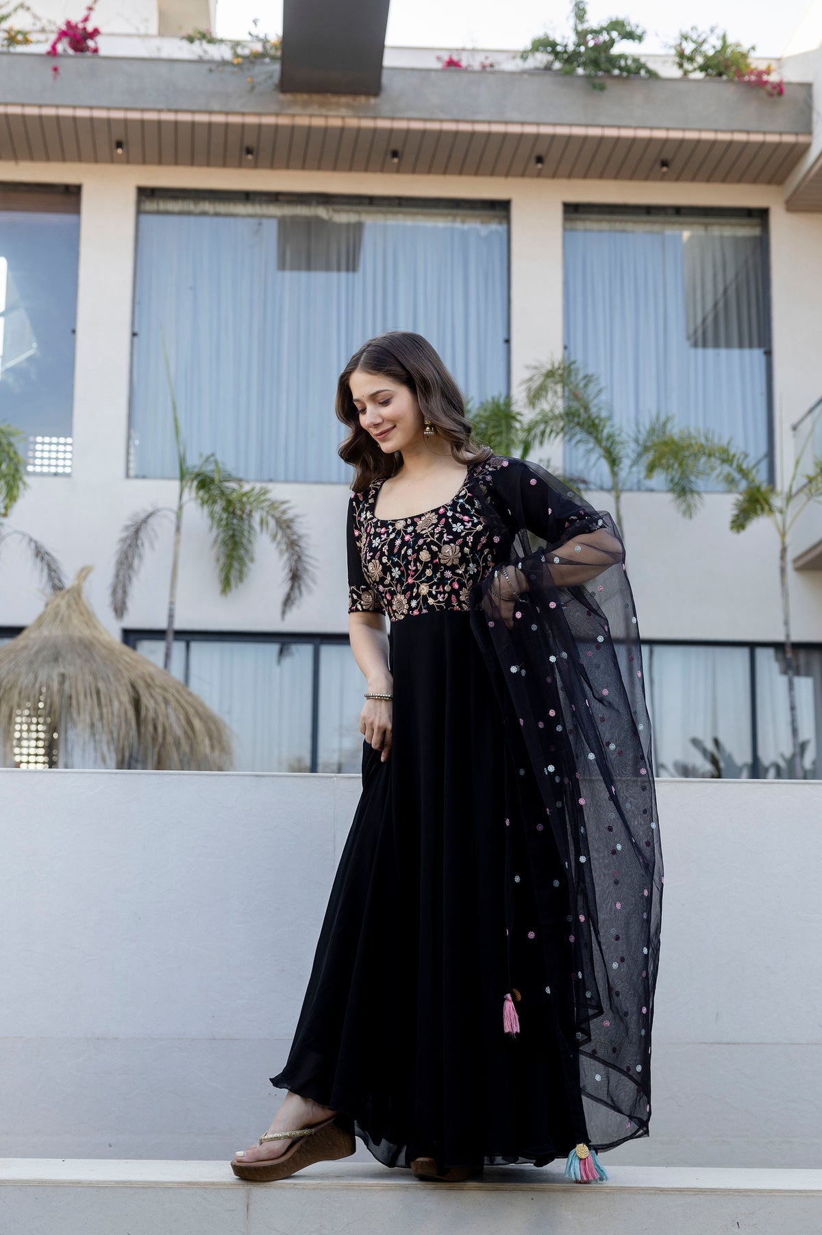 Black Floral Embroidered Sequinned Georgette Anarkali Kurta With Dupatta