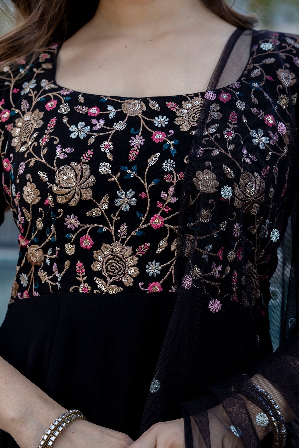 Black Floral Embroidered Sequinned Georgette Anarkali Kurta With Dupatta