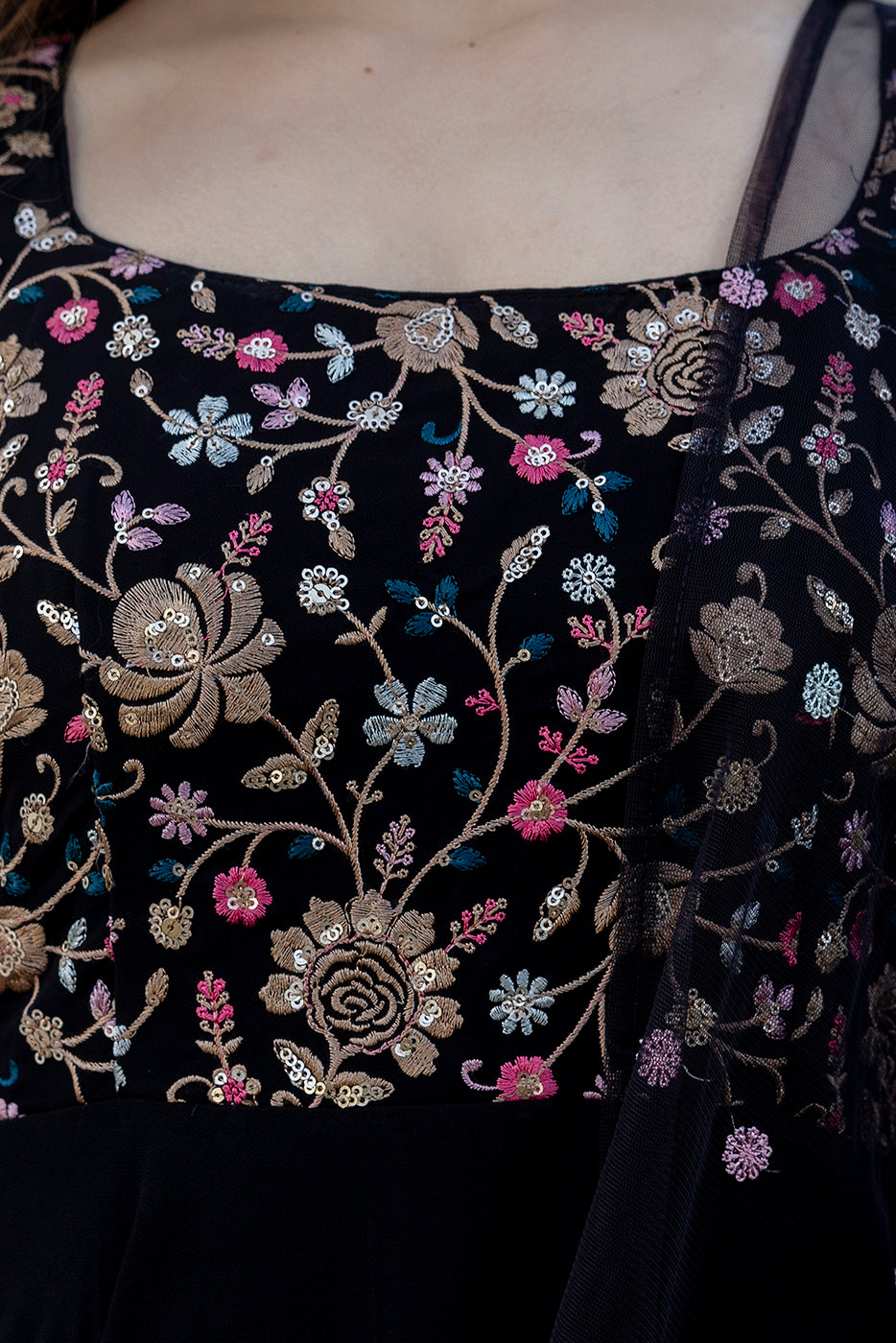 Black Floral Embroidered Sequinned Georgette Anarkali Kurta With Dupatta