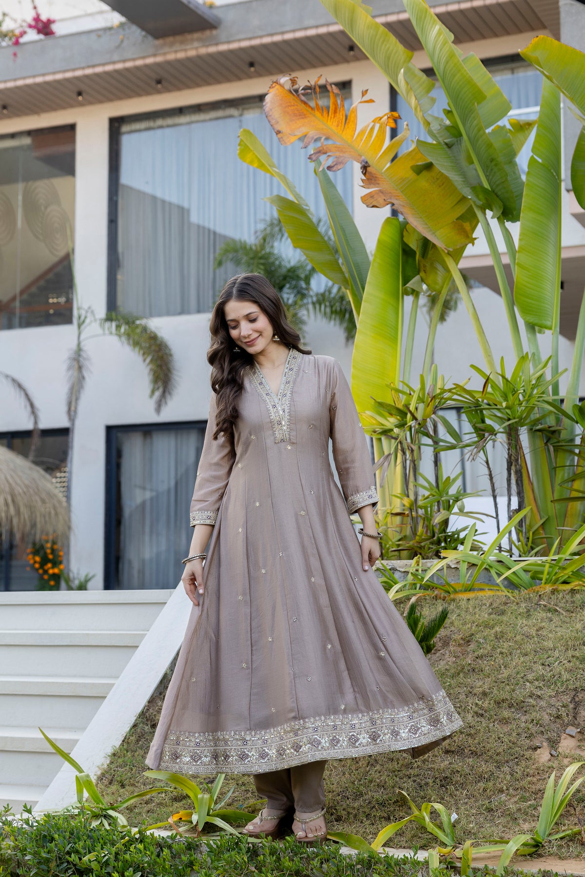 Women's Embroidered Anarkali and Pant with Dupatta Set