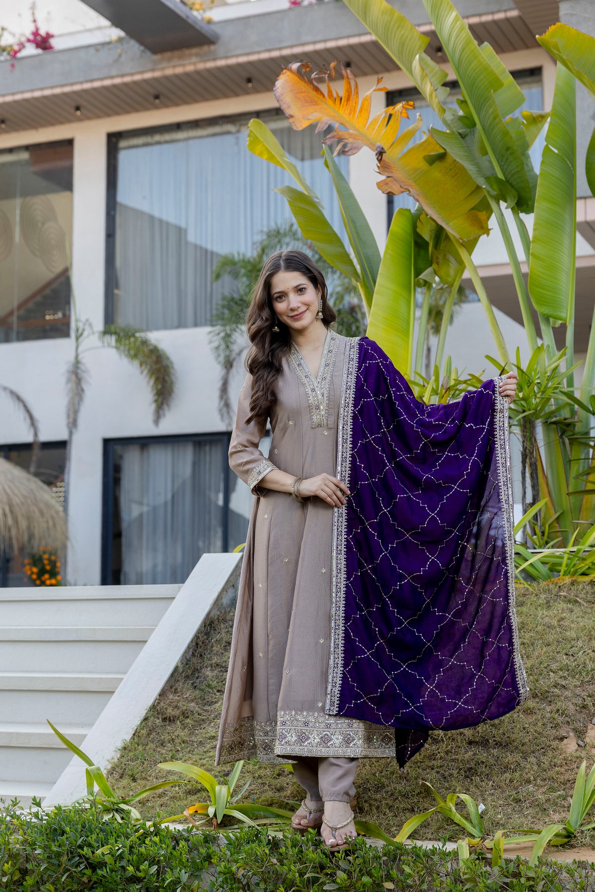 Women's Embroidered Anarkali and Pant with Dupatta Set