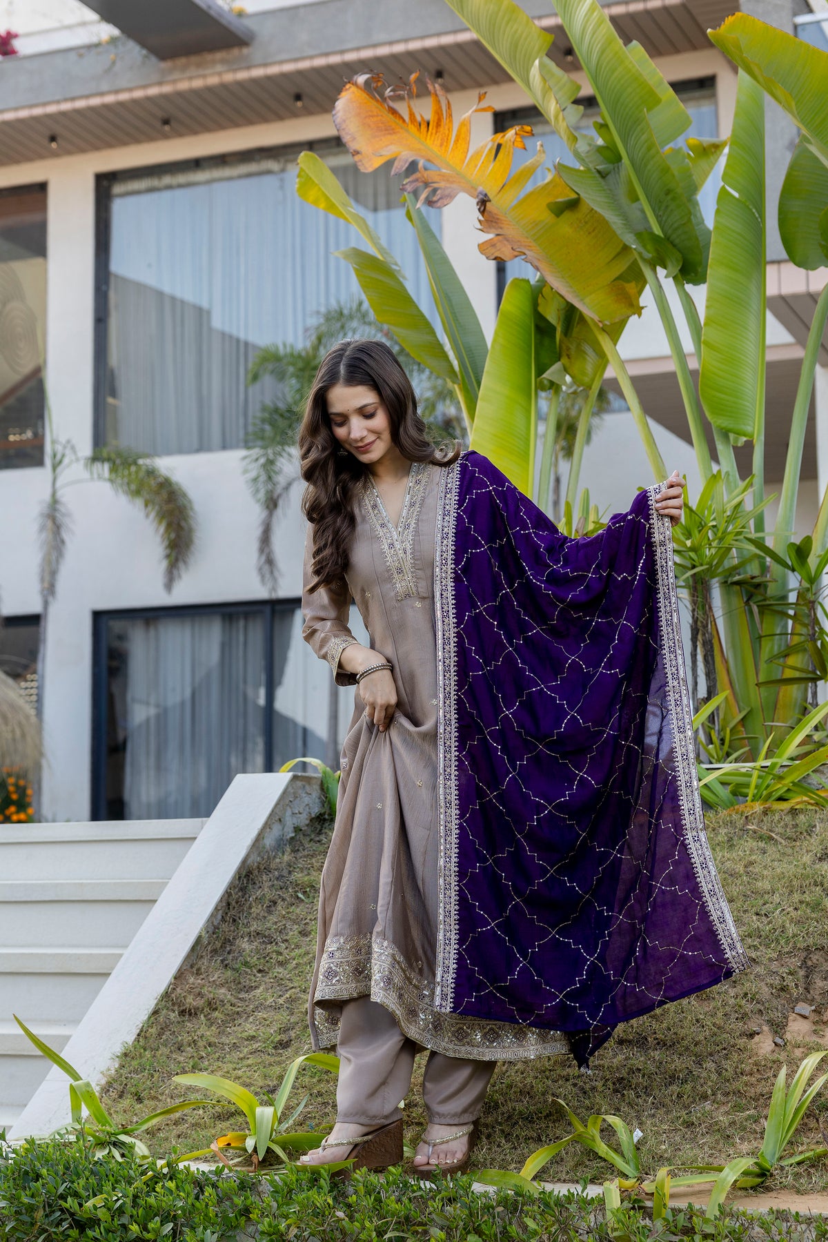 Women's Embroidered Anarkali and Pant with Dupatta Set