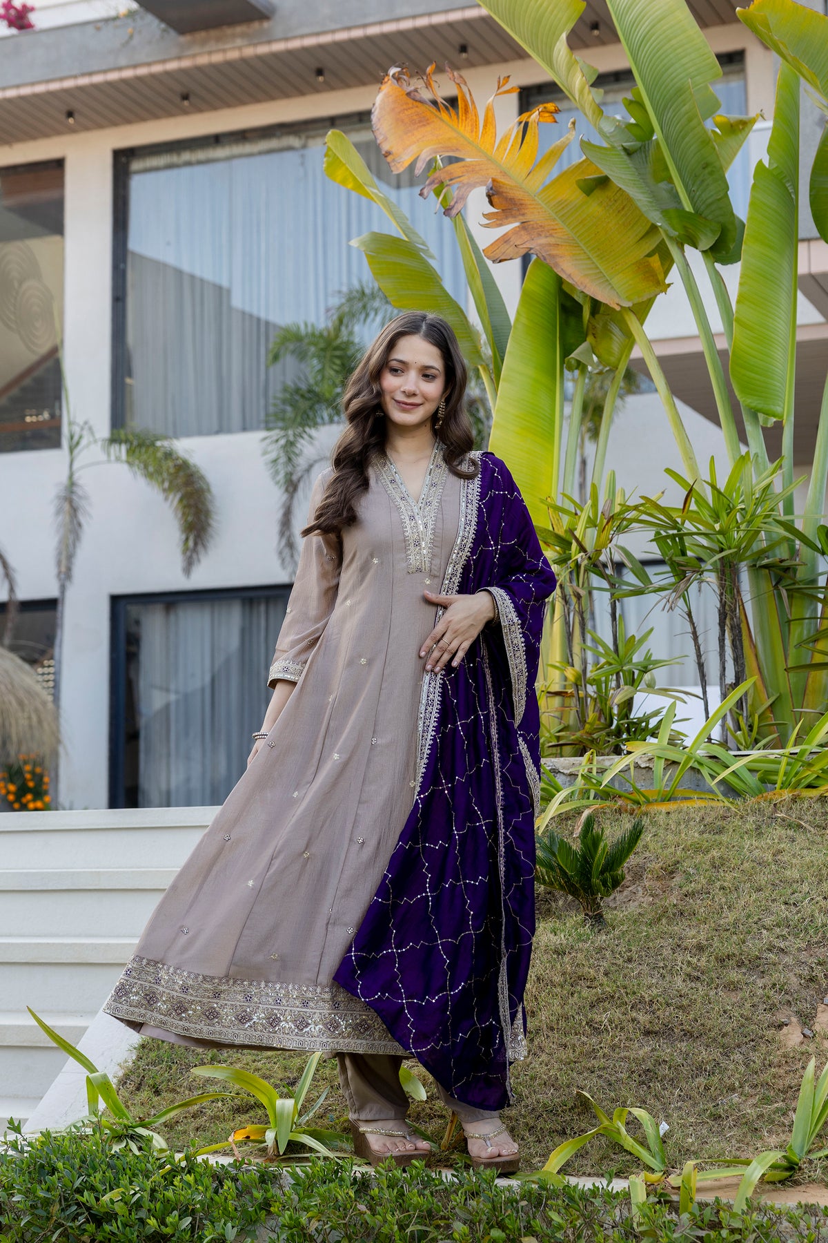 Women's Embroidered Anarkali and Pant with Dupatta Set