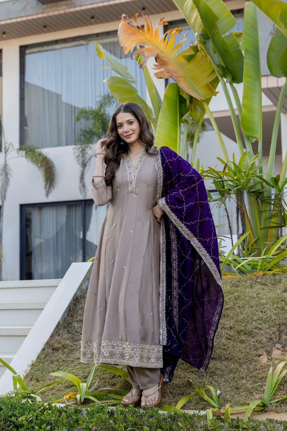 Women's Embroidered Anarkali and Pant with Dupatta Set