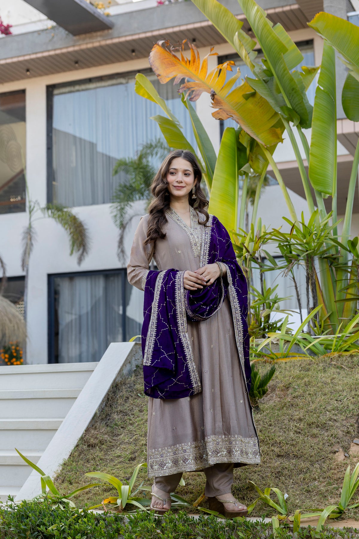 Women's Embroidered Anarkali and Pant with Dupatta Set
