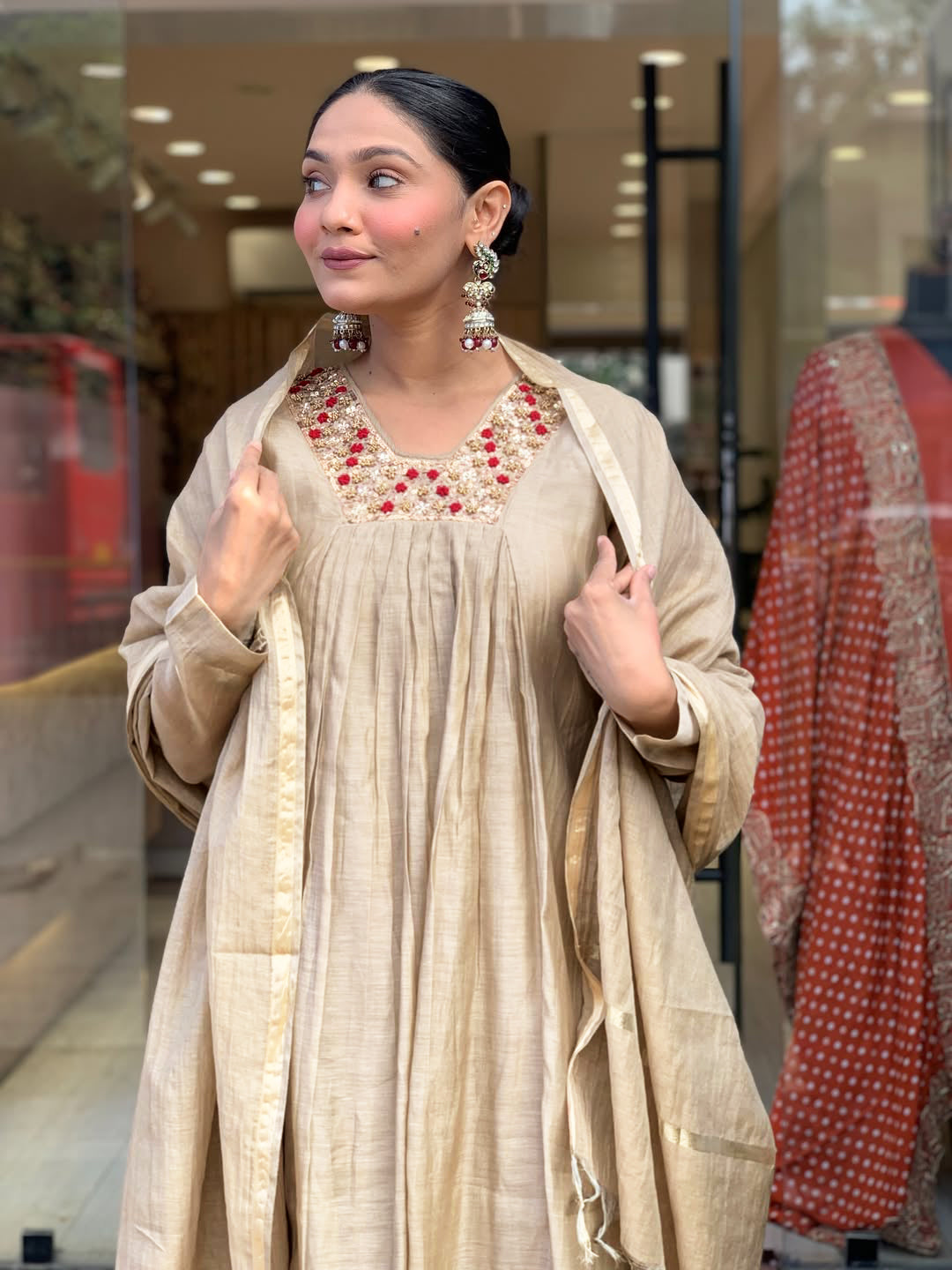 Women’s Beige Embroidered Anarkali Kurta Pant Set with Dupatta – Festive Ethnic Wear Collection