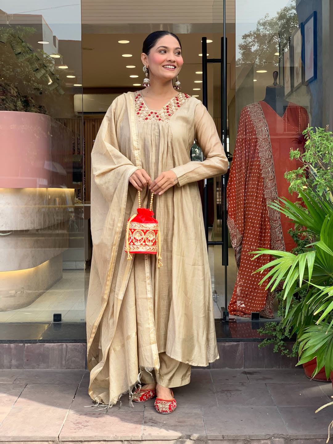 Women’s Beige Embroidered Anarkali Kurta Pant Set with Dupatta – Festive Ethnic Wear Collection