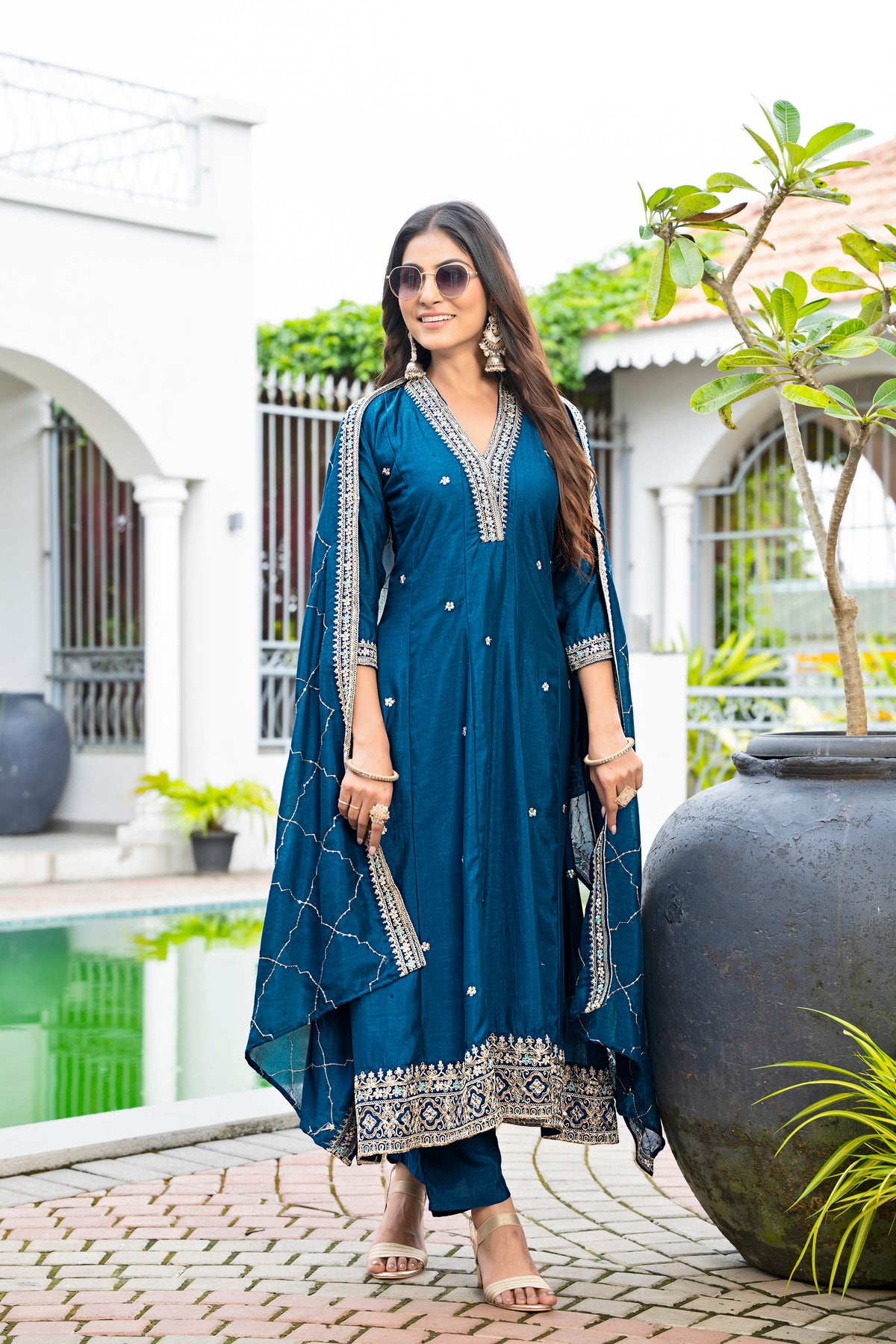 Women's Embroidered Anarkali and Pant with Dupatta Set