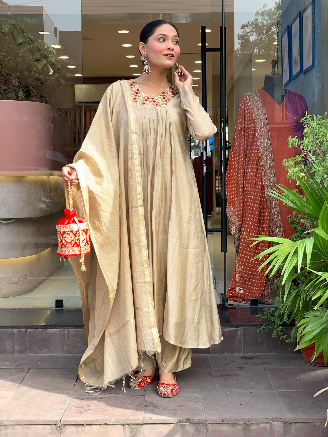 Women’s Beige Embroidered Anarkali Kurta Pant Set with Dupatta – Festive Ethnic Wear Collection