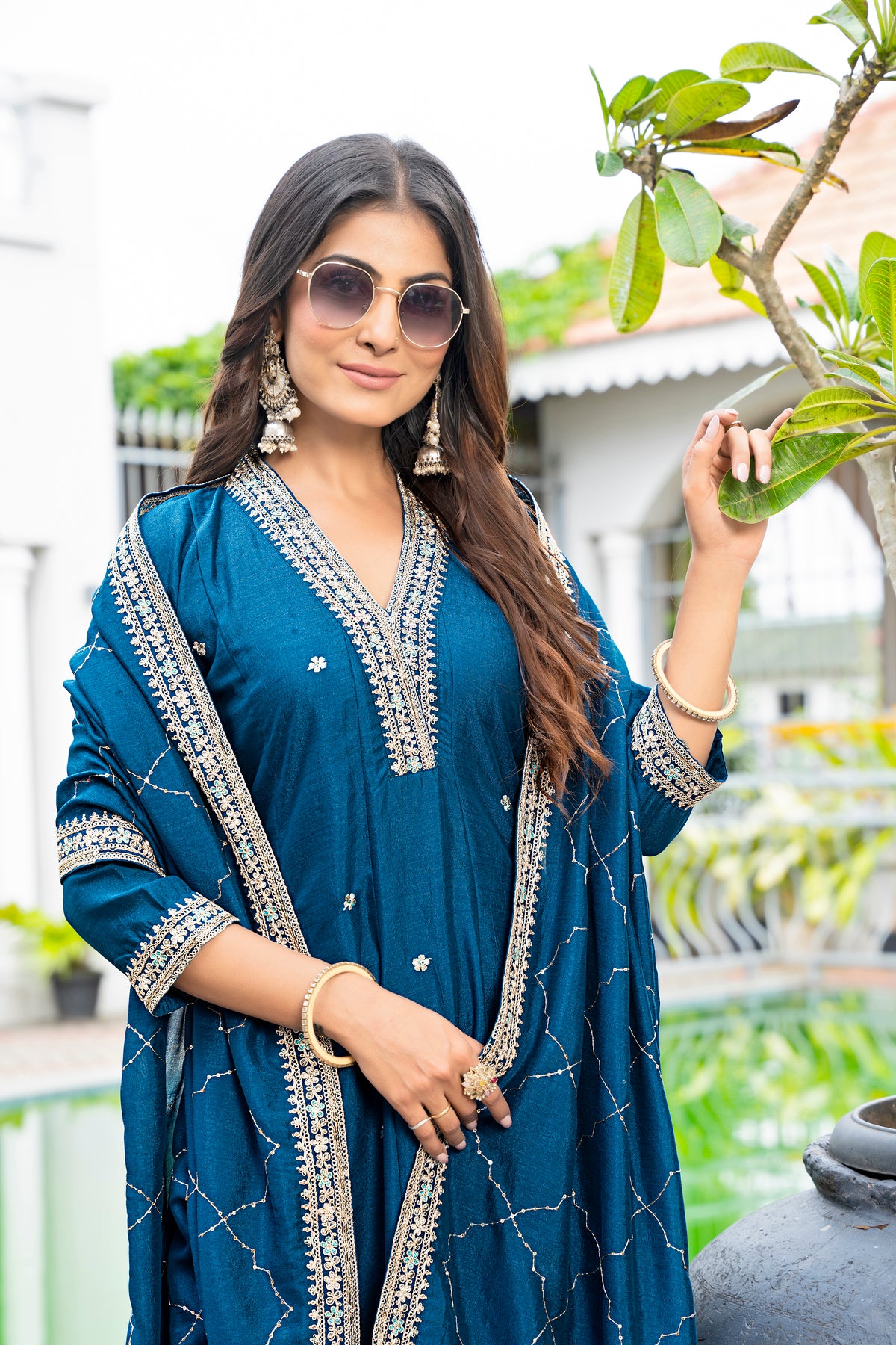 Women's Embroidered Anarkali and Pant with Dupatta Set