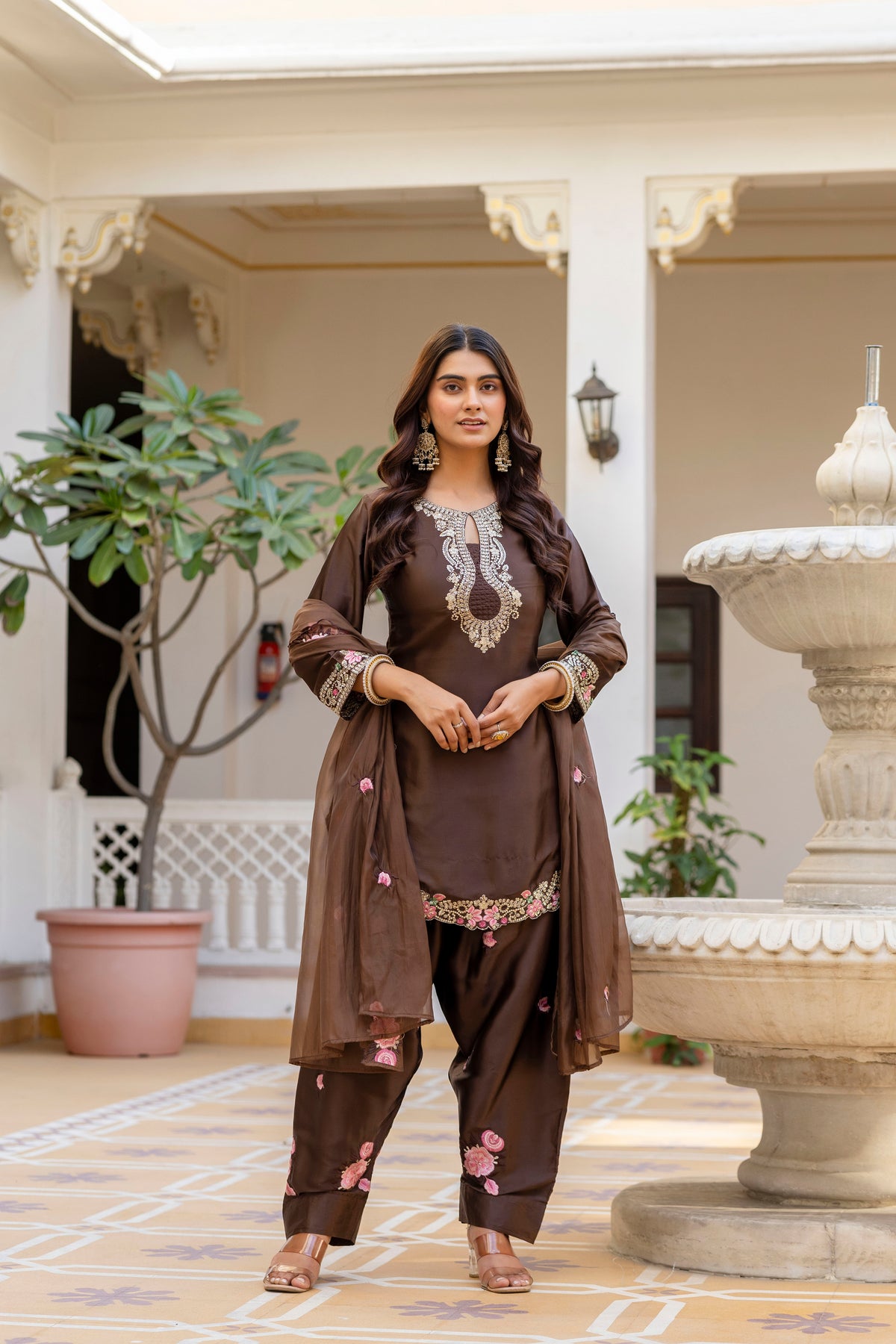 Classic Traditional Patiala Outfit with Rich Embroidery, Floral Motifs, Flowing Dupatta and Plain Patiala Pant for Special Occasions
