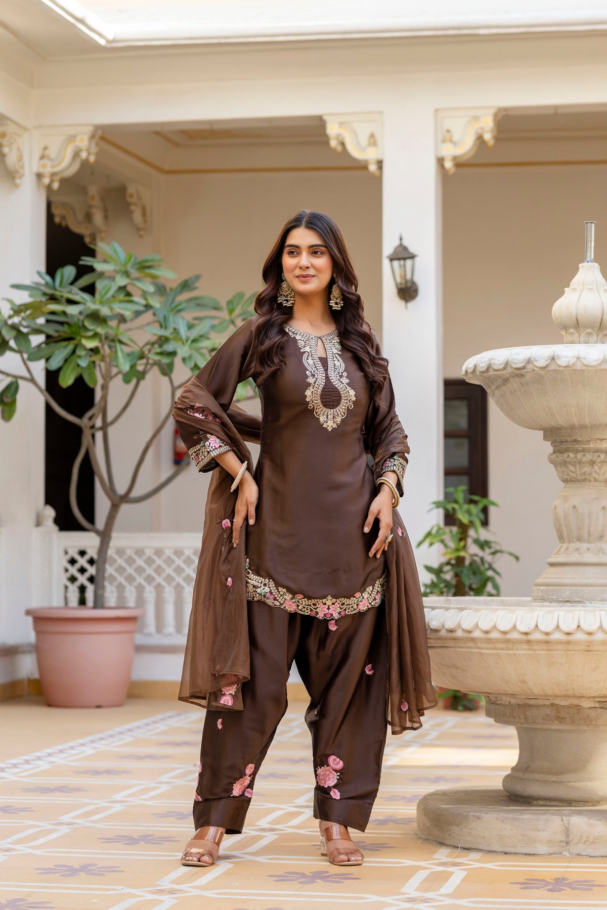 Classic Traditional Patiala Outfit with Rich Embroidery, Floral Motifs, Flowing Dupatta and Plain Patiala Pant for Special Occasions