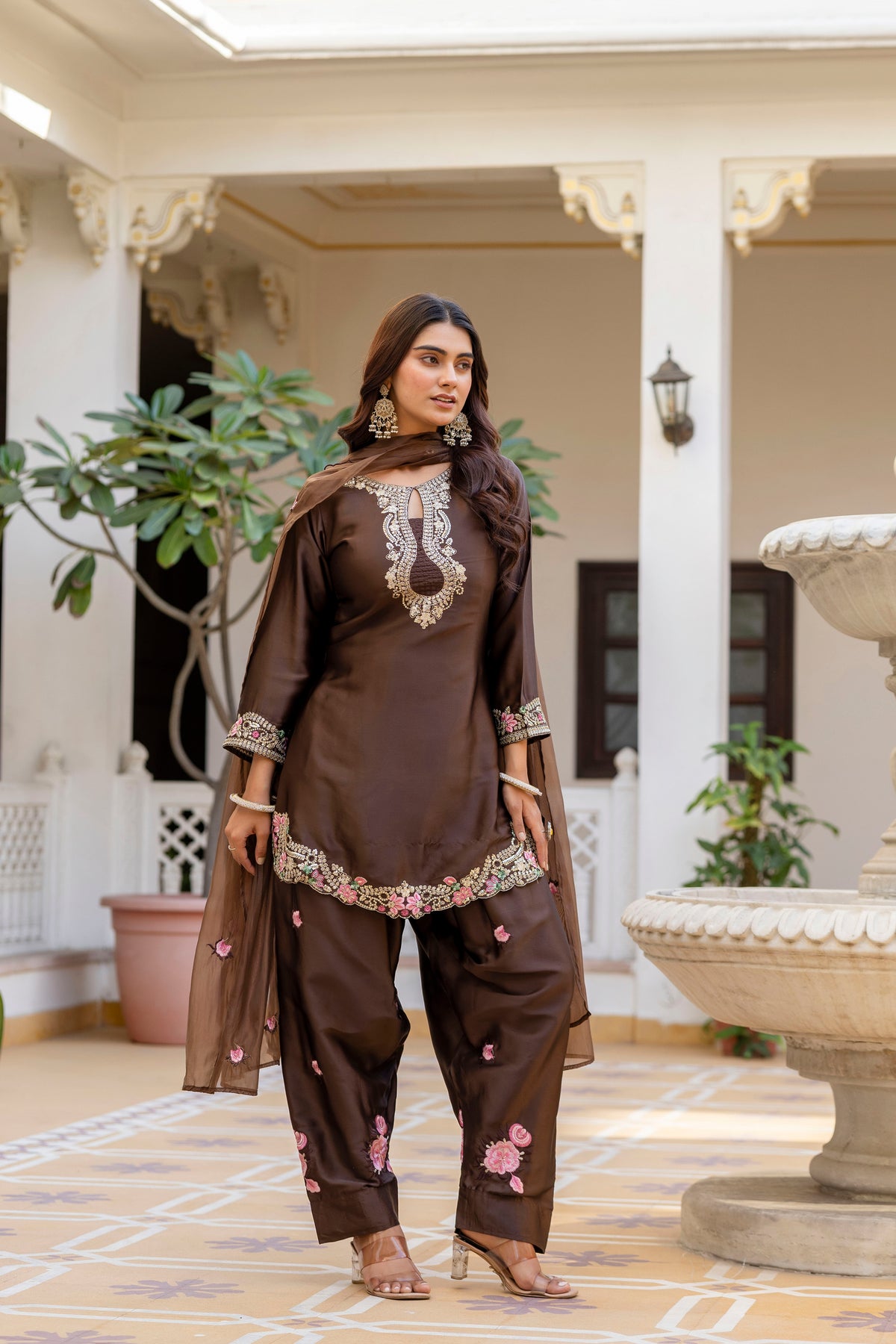 Classic Traditional Patiala Outfit with Rich Embroidery, Floral Motifs, Flowing Dupatta and Plain Patiala Pant for Special Occasions