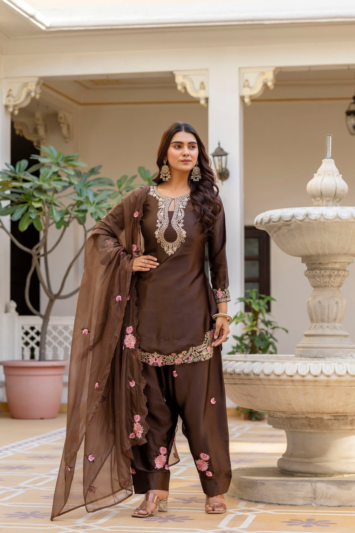 Classic Traditional Patiala Outfit with Rich Embroidery, Floral Motifs, Flowing Dupatta and Plain Patiala Pant for Special Occasions