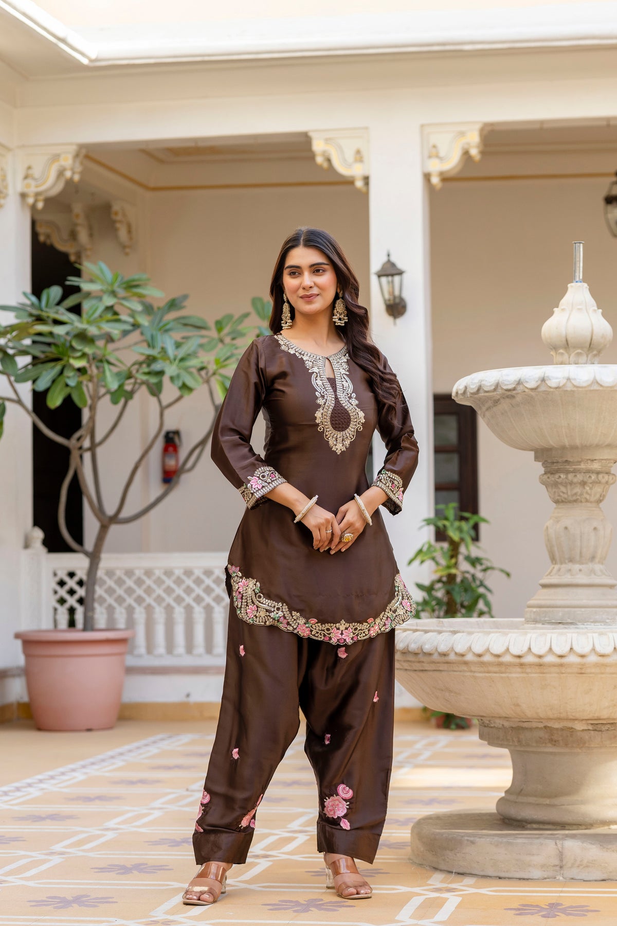 Classic Traditional Patiala Outfit with Rich Embroidery, Floral Motifs, Flowing Dupatta and Plain Patiala Pant for Special Occasions