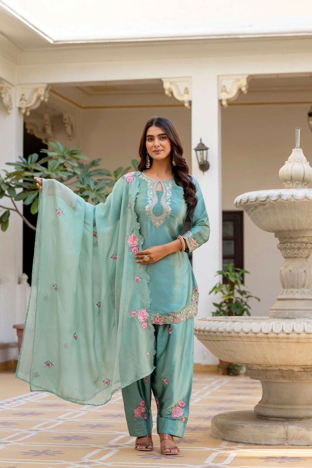 Classic Traditional Patiala Outfit with Rich Embroidery, Floral Motifs, Flowing Dupatta and Plain Patiala Pant for Special Occasions