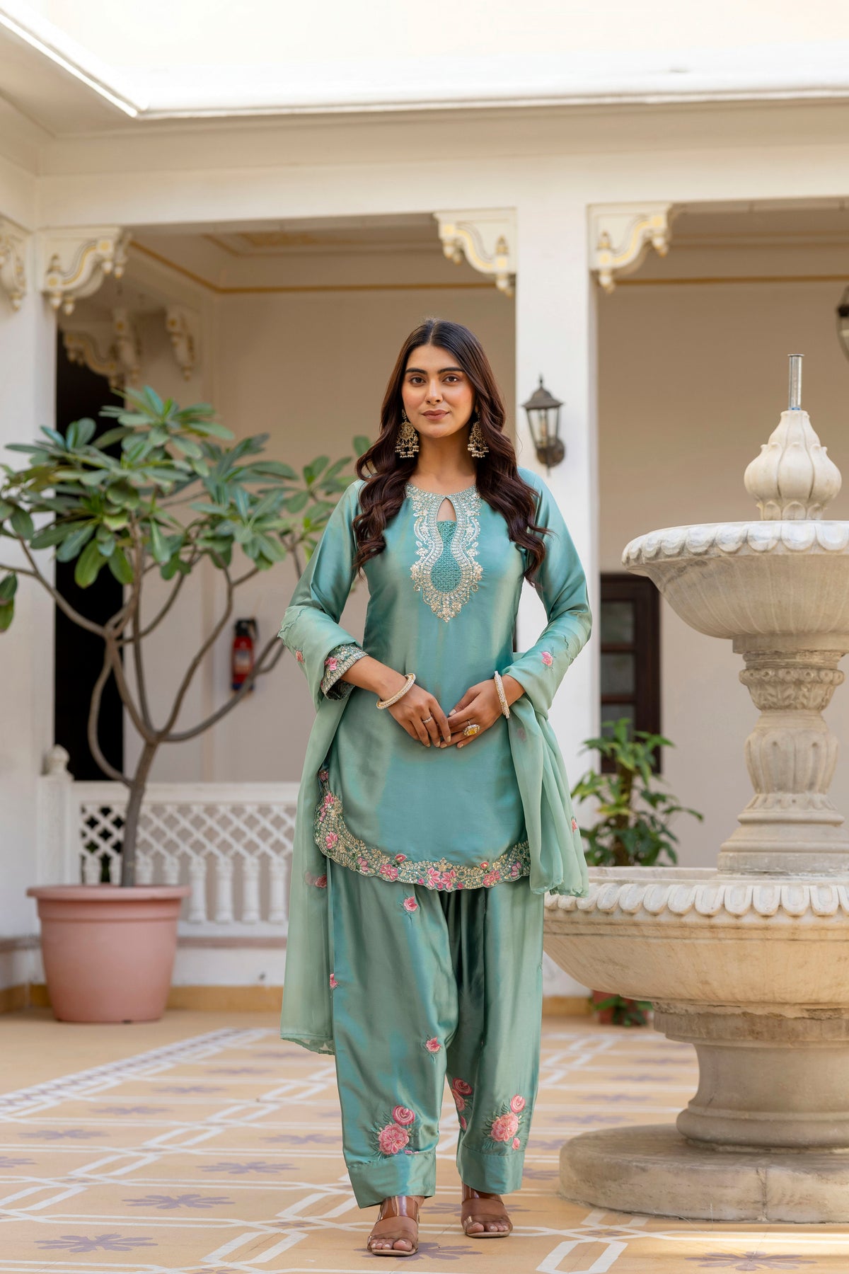 Classic Traditional Patiala Outfit with Rich Embroidery, Floral Motifs, Flowing Dupatta and Plain Patiala Pant for Special Occasions