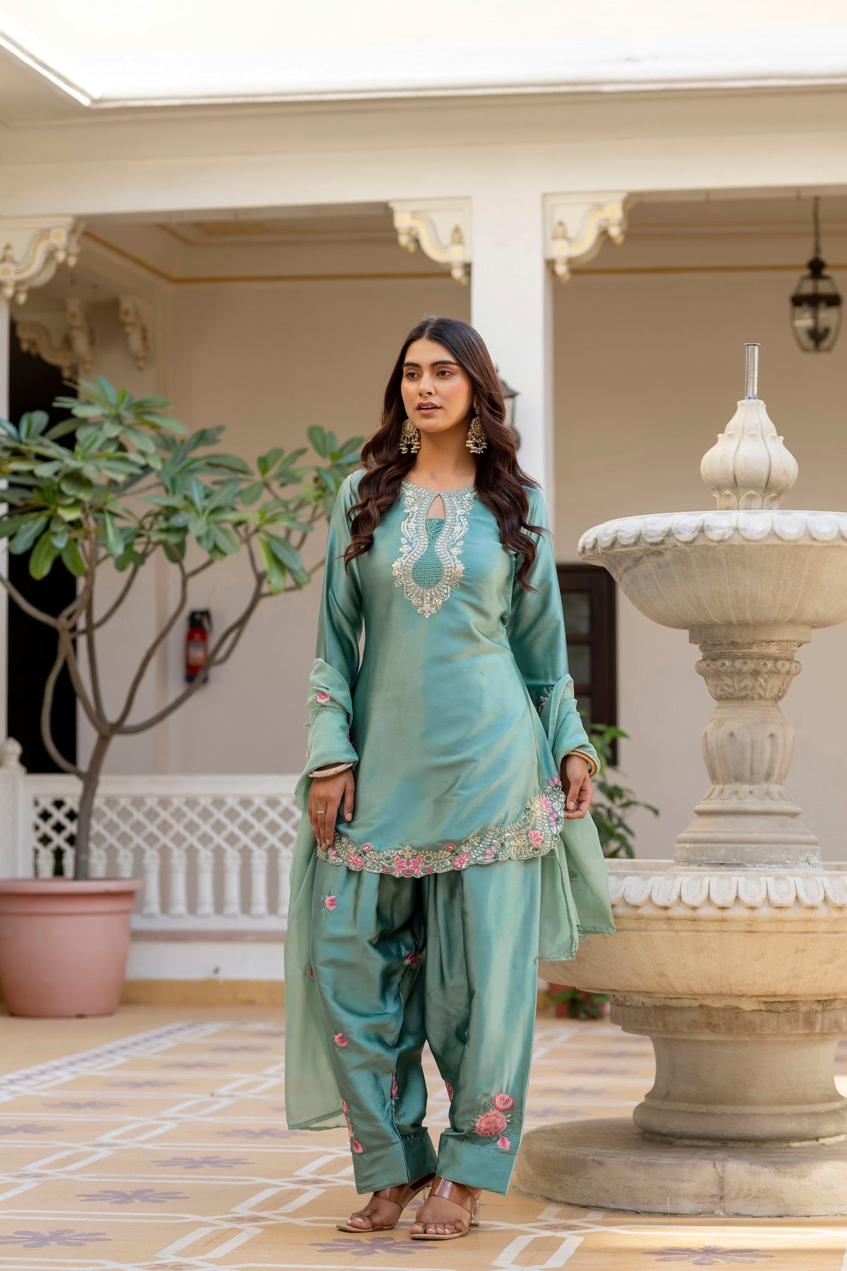 Classic Traditional Patiala Outfit with Rich Embroidery, Floral Motifs, Flowing Dupatta and Plain Patiala Pant for Special Occasions