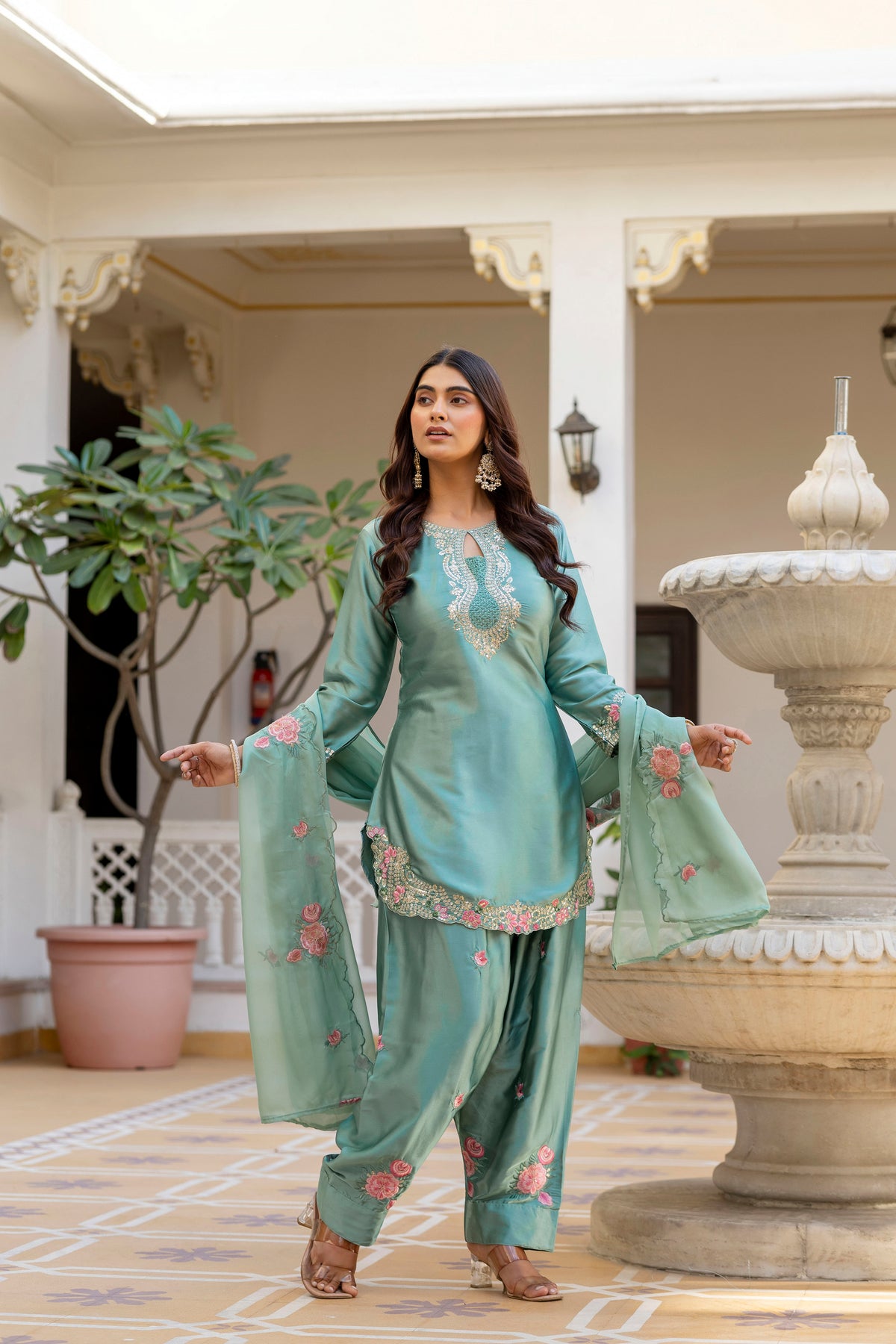 Classic Traditional Patiala Outfit with Rich Embroidery, Floral Motifs, Flowing Dupatta and Plain Patiala Pant for Special Occasions