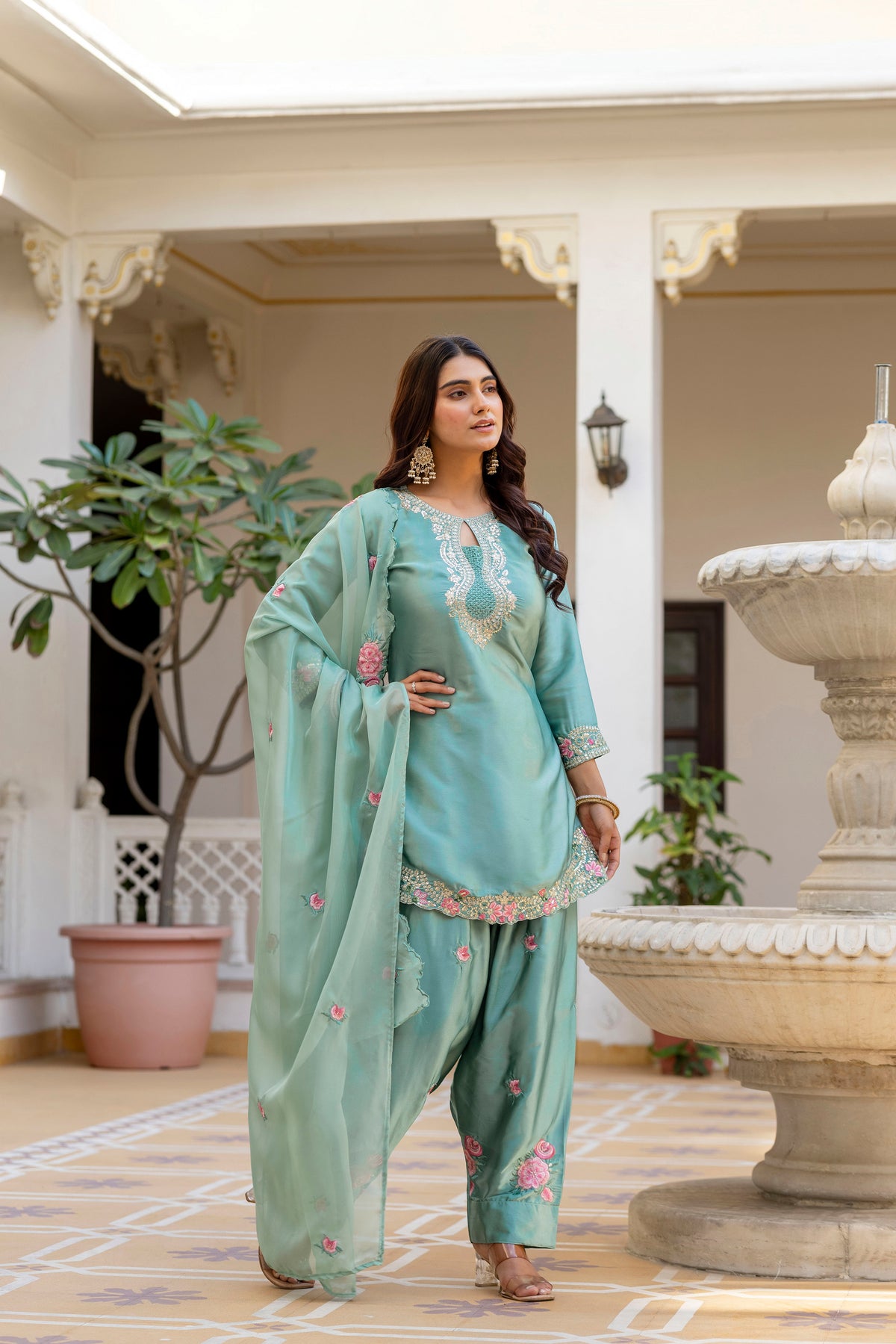 Classic Traditional Patiala Outfit with Rich Embroidery, Floral Motifs, Flowing Dupatta and Plain Patiala Pant for Special Occasions