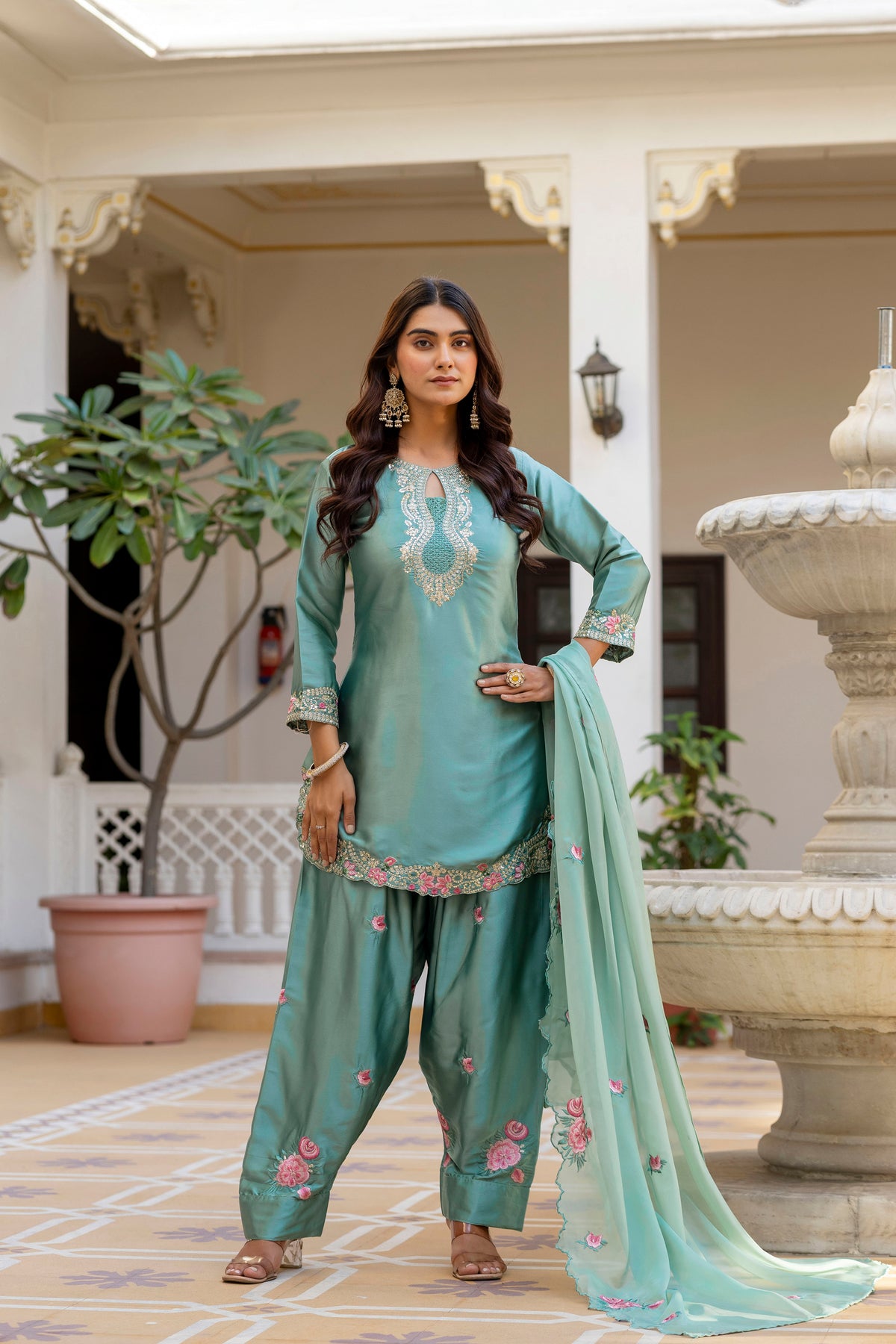 Classic Traditional Patiala Outfit with Rich Embroidery, Floral Motifs, Flowing Dupatta and Plain Patiala Pant for Special Occasions