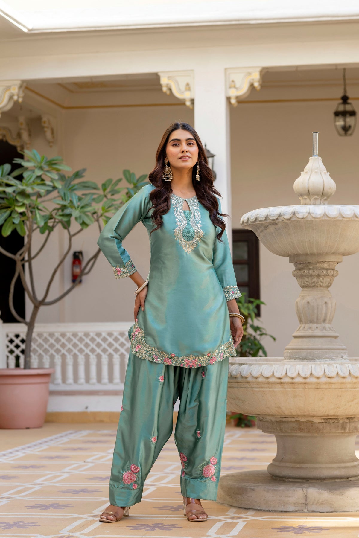Classic Traditional Patiala Outfit with Rich Embroidery, Floral Motifs, Flowing Dupatta and Plain Patiala Pant for Special Occasions
