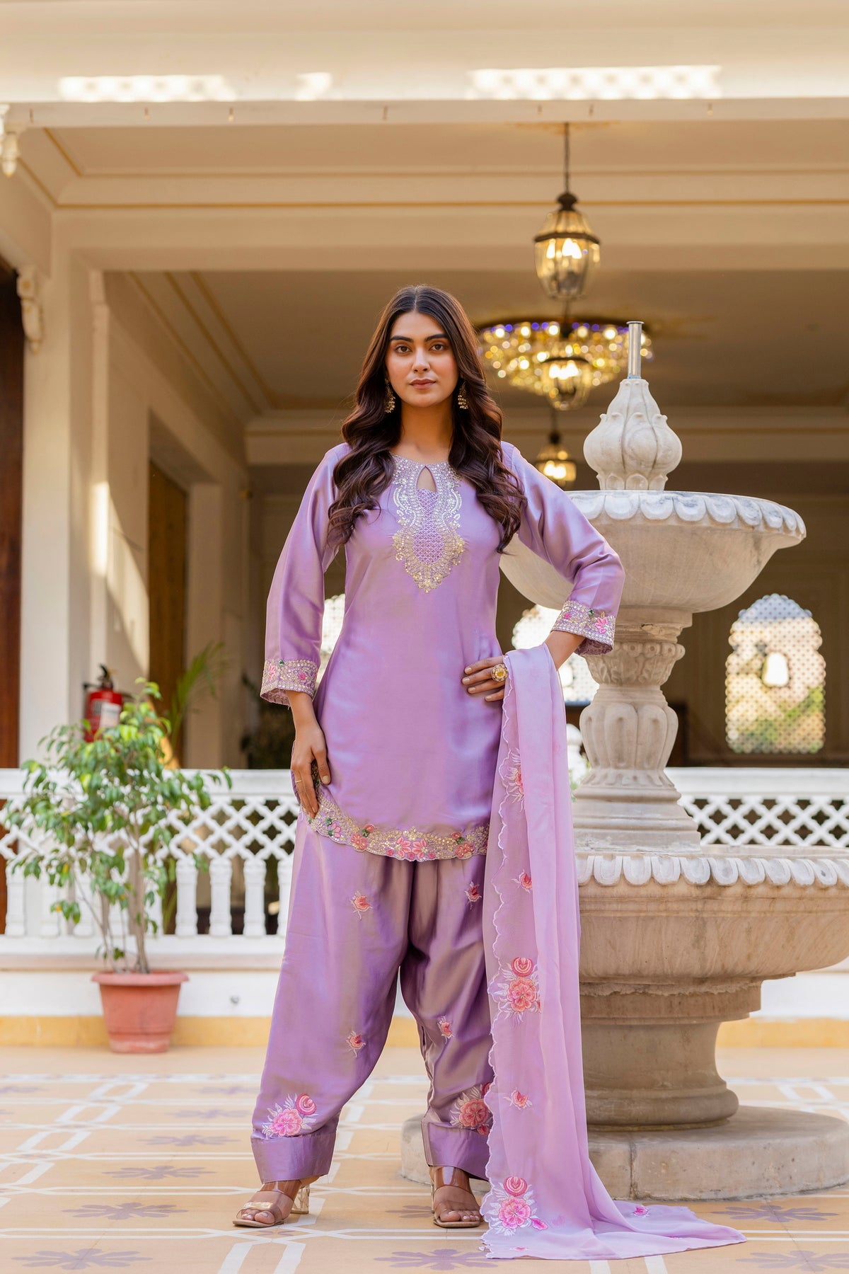 Classic Traditional Patiala Outfit with Rich Embroidery, Floral Motifs, Flowing Dupatta and Plain Patiala Pant for Special Occasions