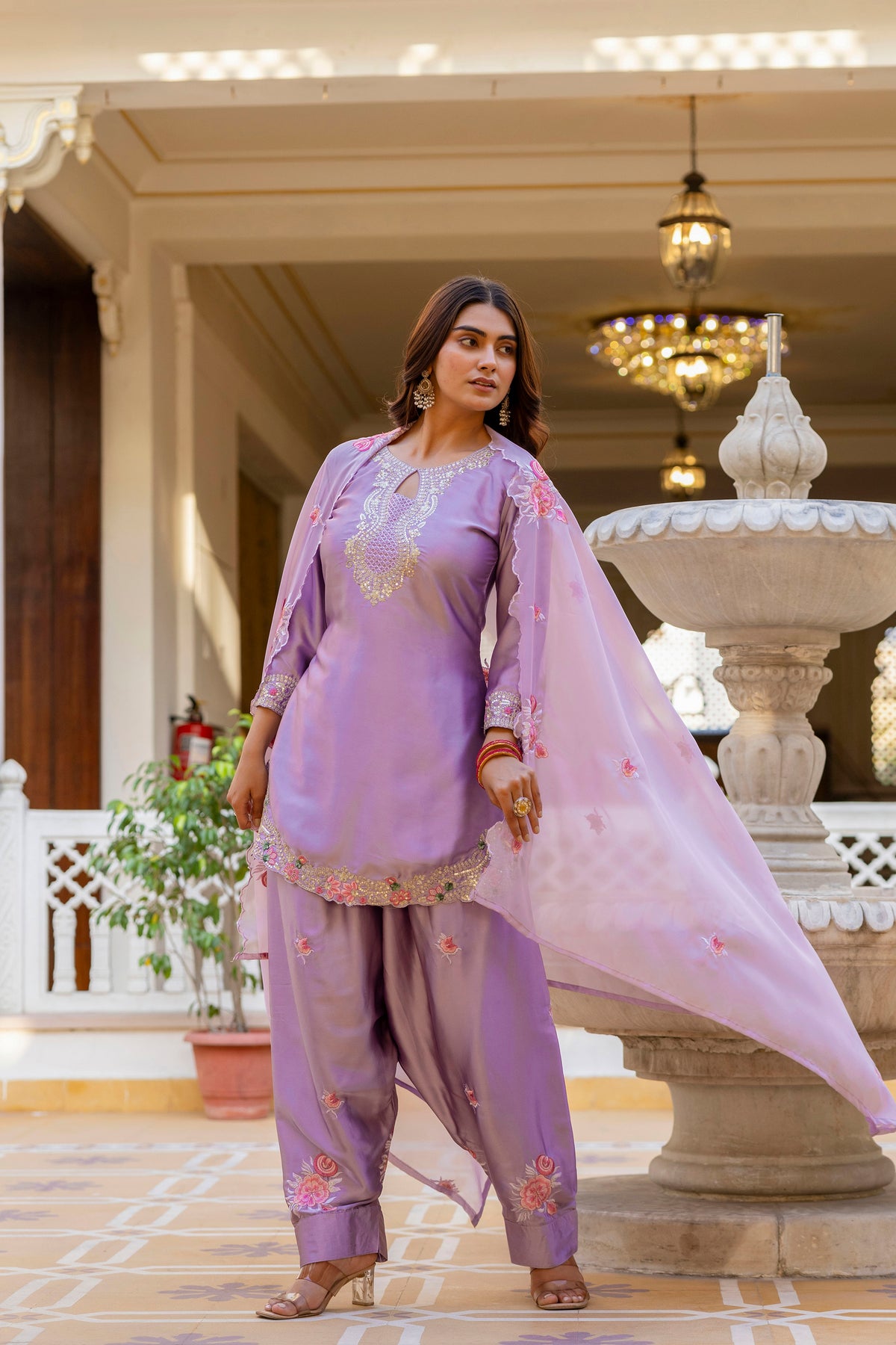 Classic Traditional Patiala Outfit with Rich Embroidery, Floral Motifs, Flowing Dupatta and Plain Patiala Pant for Special Occasions