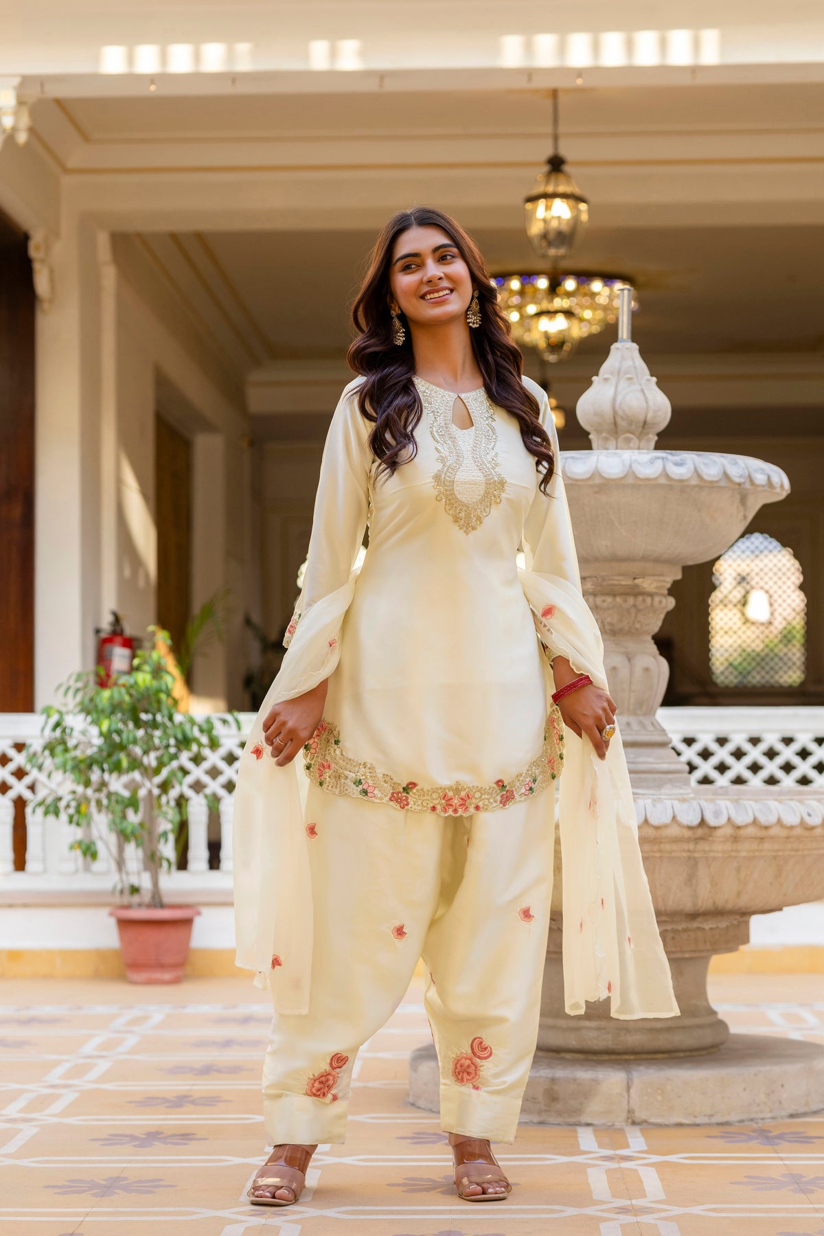 Classic Traditional Patiala Outfit with Rich Embroidery, Floral Motifs, Flowing Dupatta and Plain Patiala Pant for Special Occasions