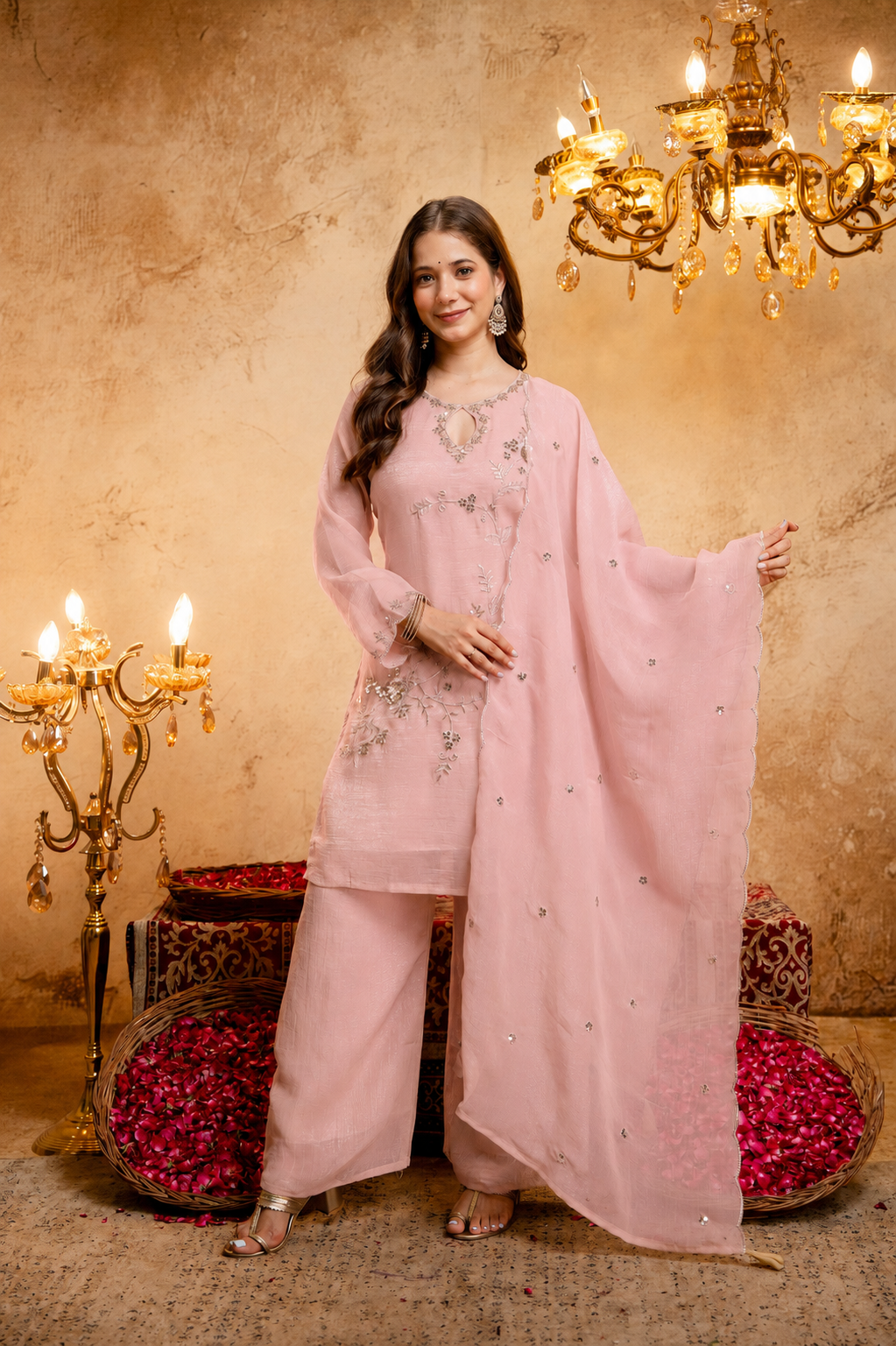 Women's Embroidered Short Kurta with Matching Pant & Dupatta Set