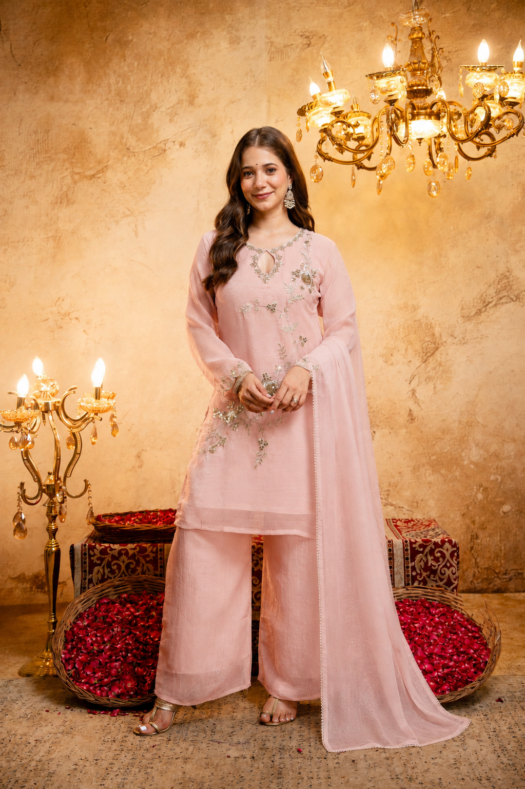 Women's Embroidered Short Kurta with Matching Pant & Dupatta Set