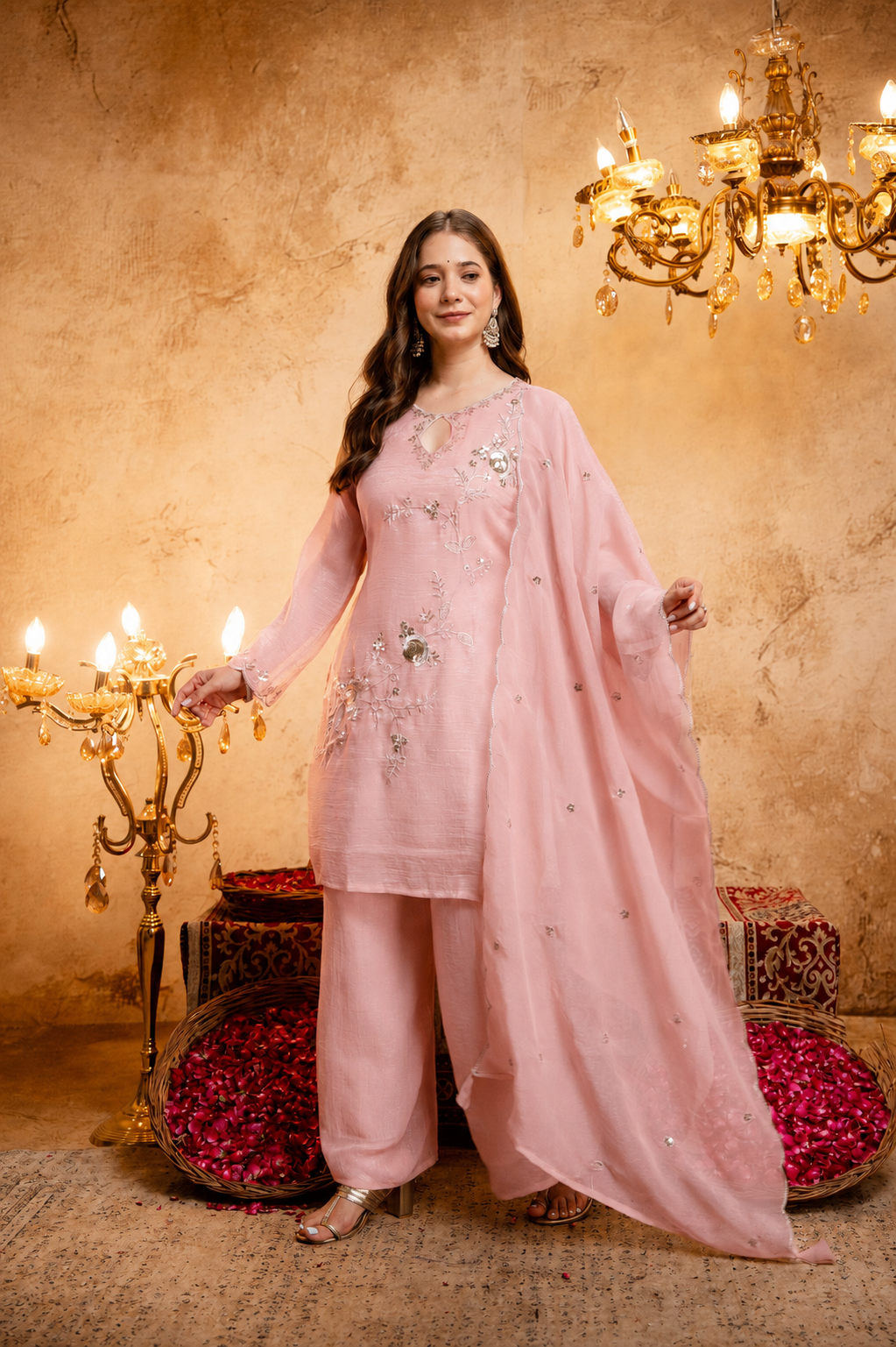 Women's Embroidered Short Kurta with Matching Pant & Dupatta Set