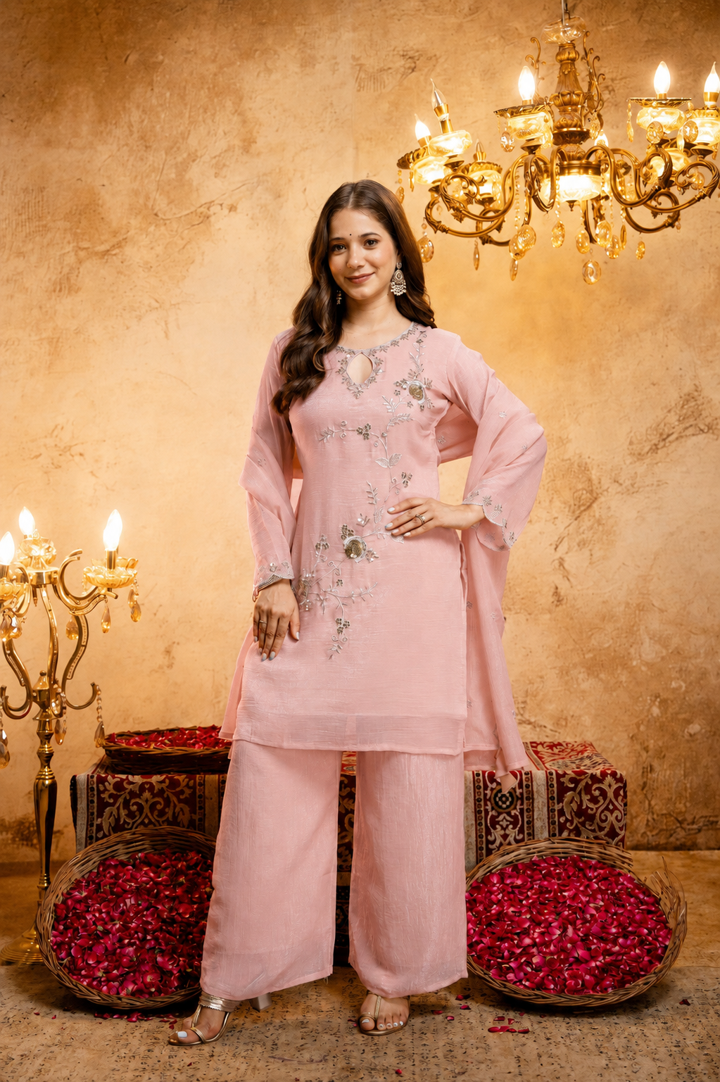 Women's Embroidered Short Kurta with Matching Pant & Dupatta Set