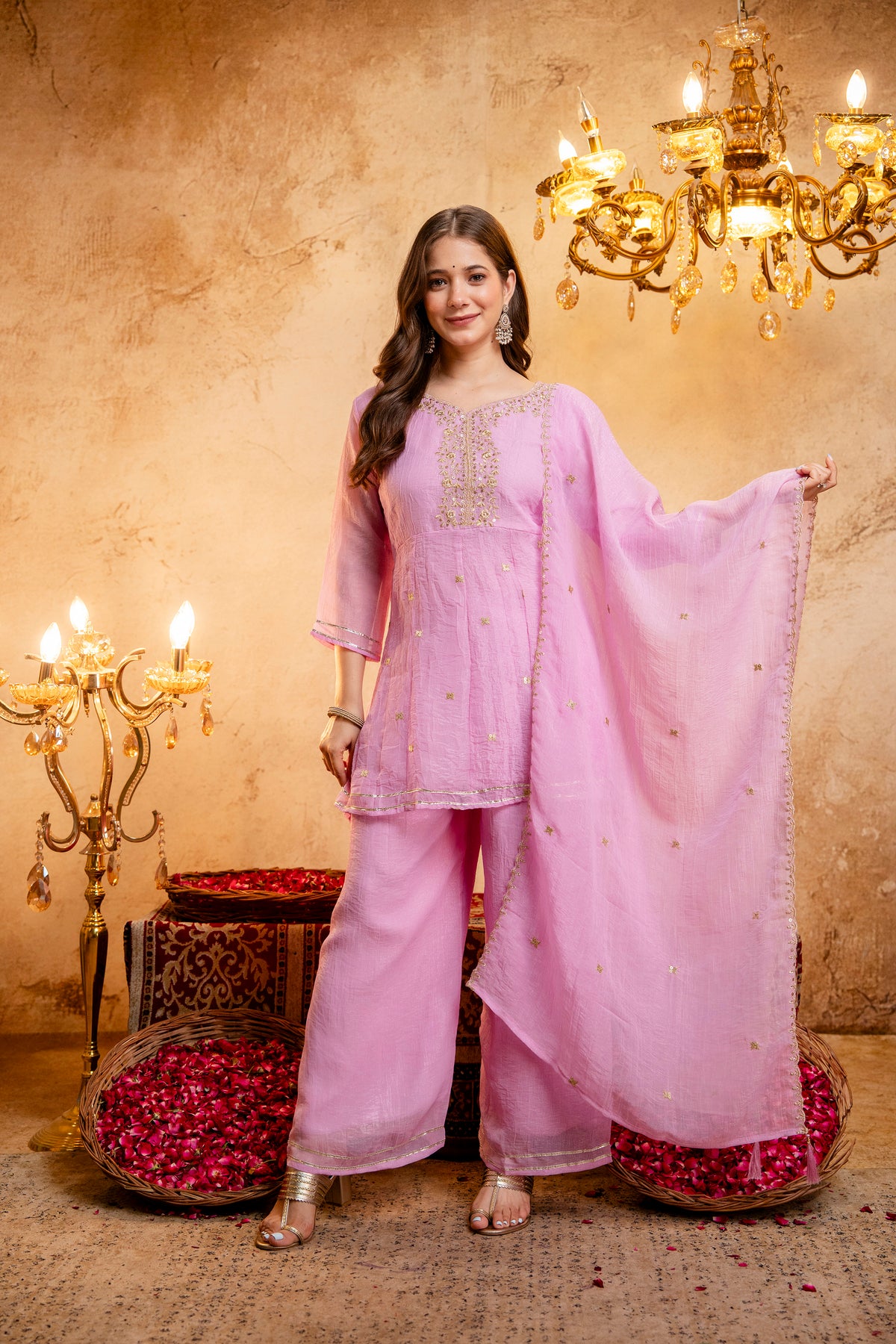 Women's Embroidered Silk Flared Short Kurti & Palazzo Set with Embroidered