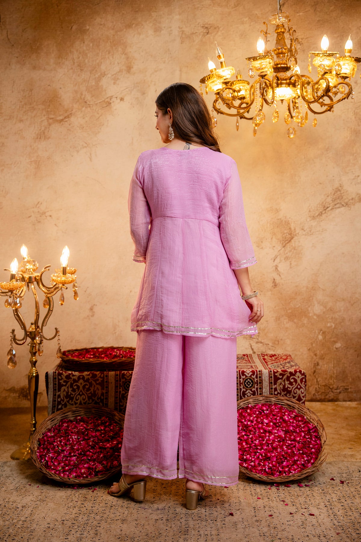 Women's Embroidered Silk Flared Short Kurti & Palazzo Set with Embroidered