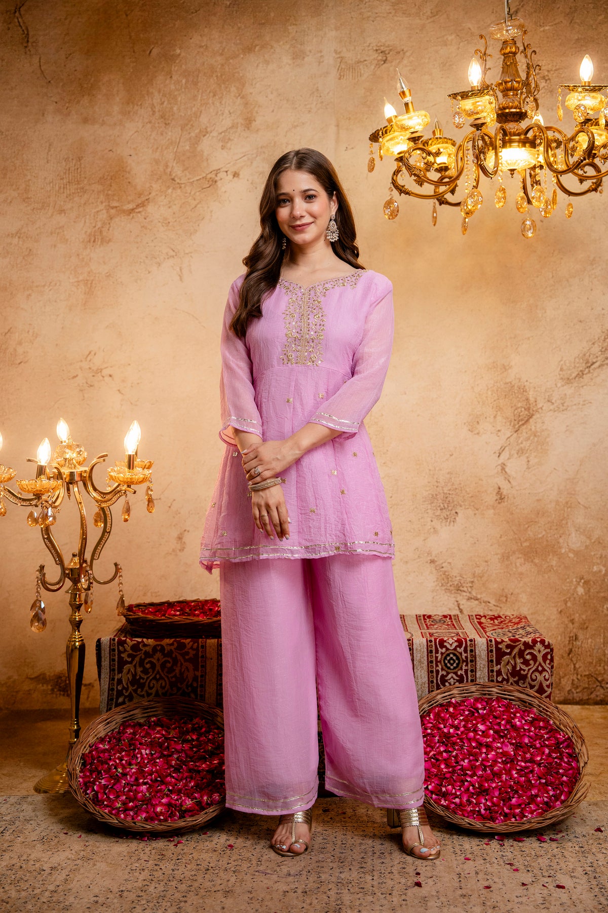 Women's Embroidered Silk Flared Short Kurti & Palazzo Set with Embroidered