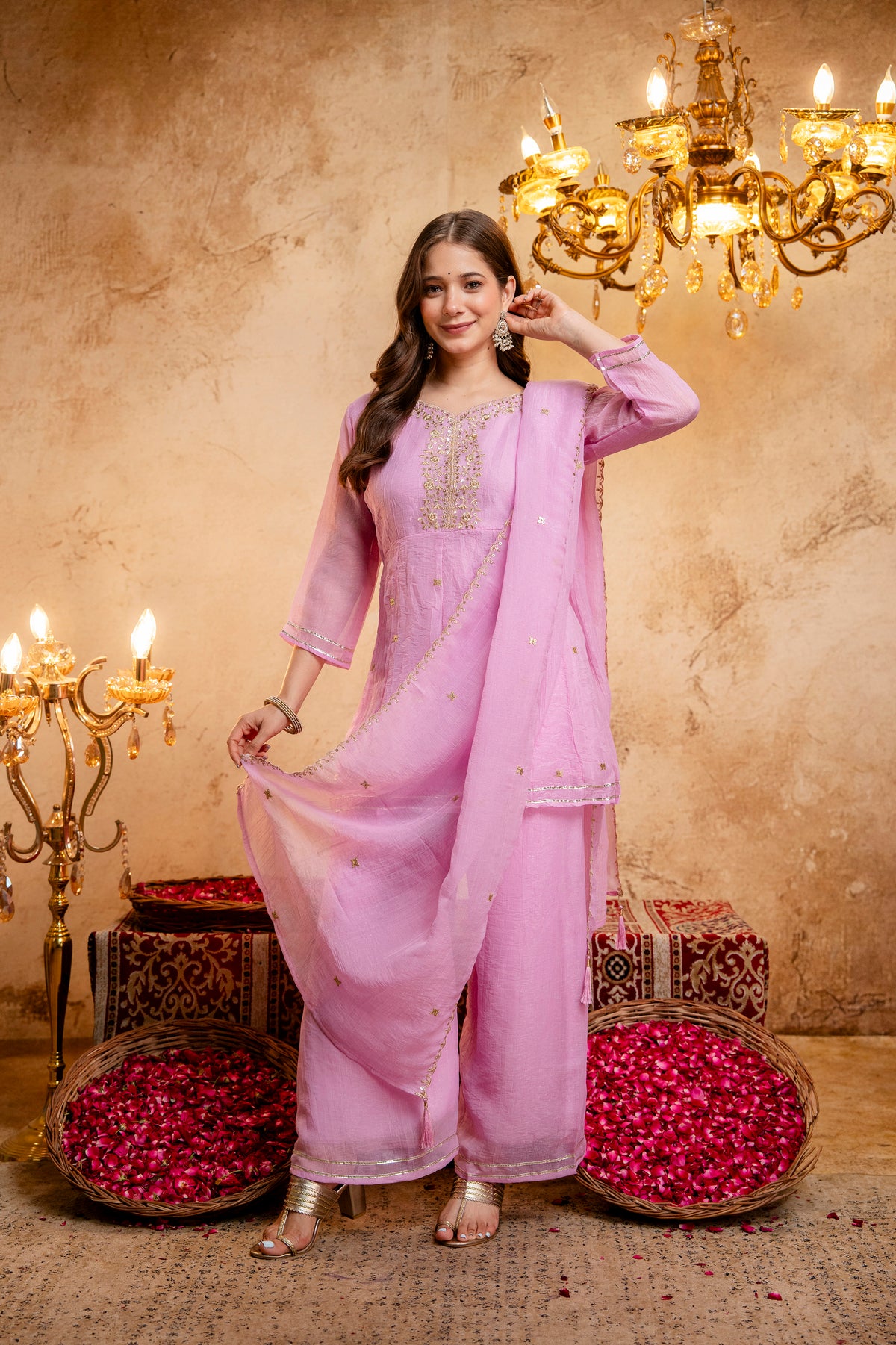 Women's Embroidered Silk Flared Short Kurti & Palazzo Set with Embroidered