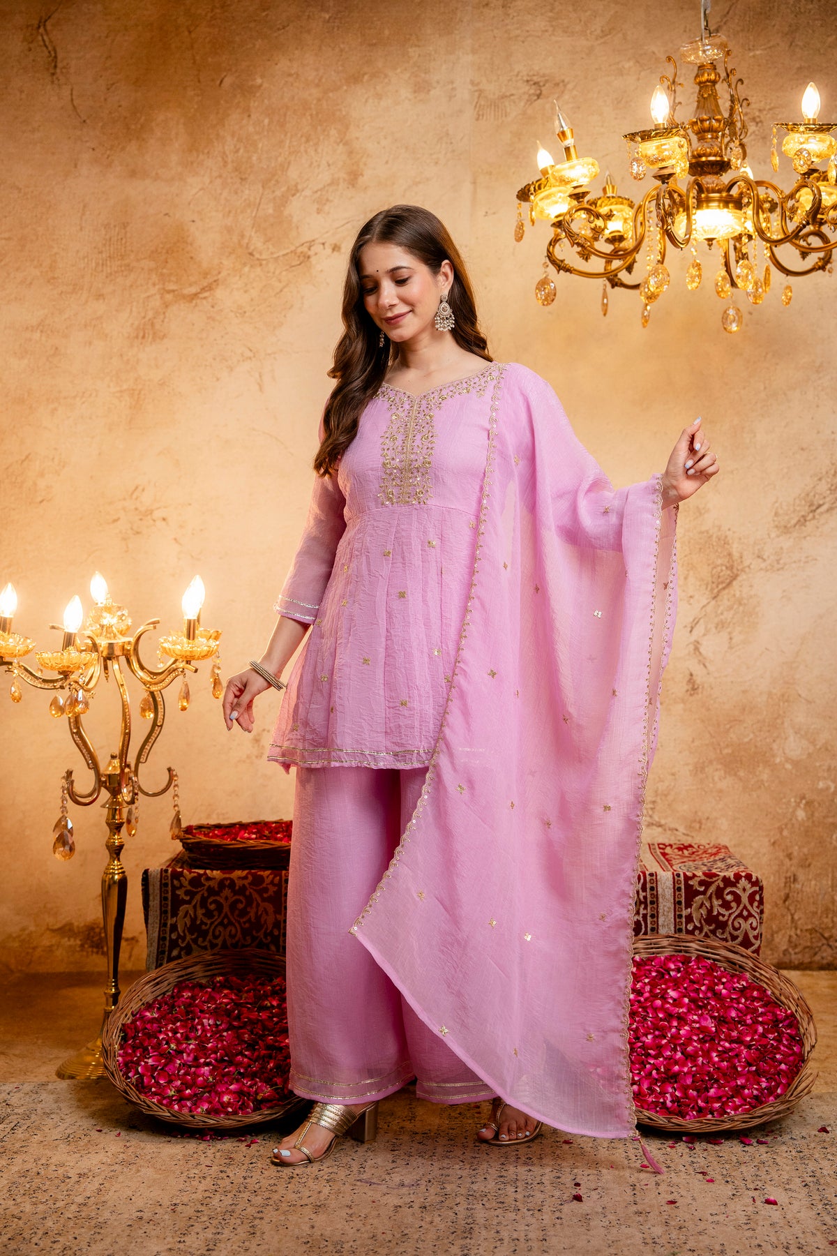 Women's Embroidered Silk Flared Short Kurti & Palazzo Set with Embroidered