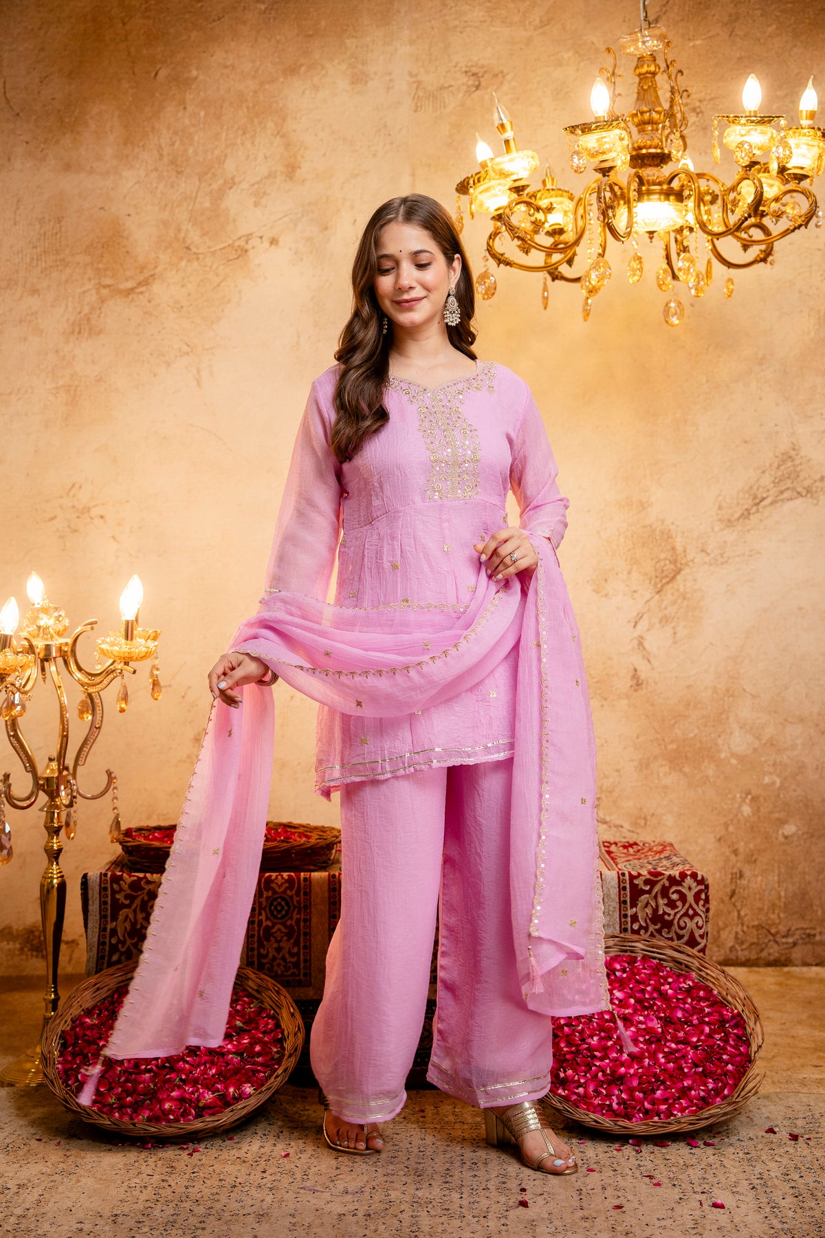 Women's Embroidered Silk Flared Short Kurti & Palazzo Set with Embroidered