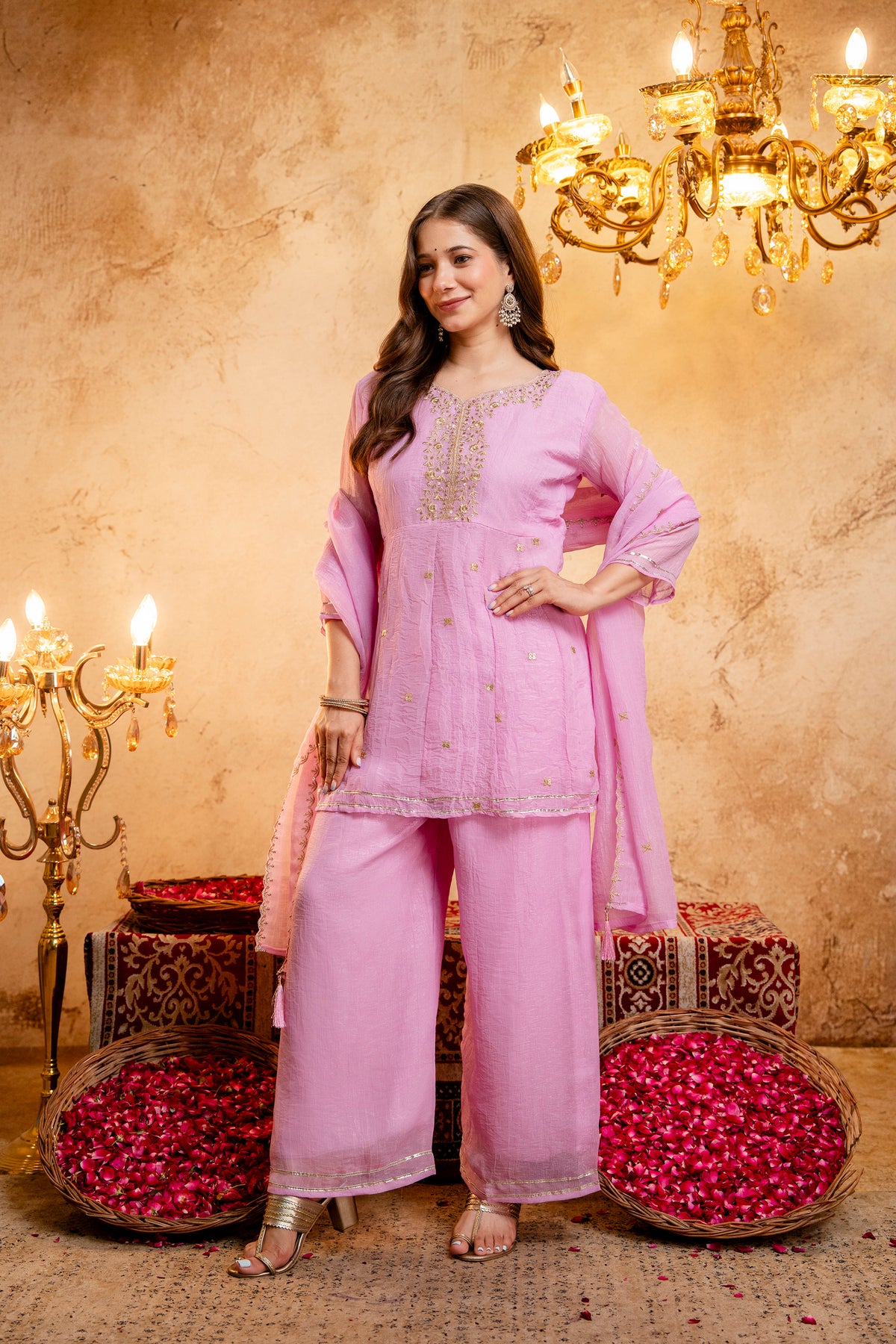 Women's Embroidered Silk Flared Short Kurti & Palazzo Set with Embroidered