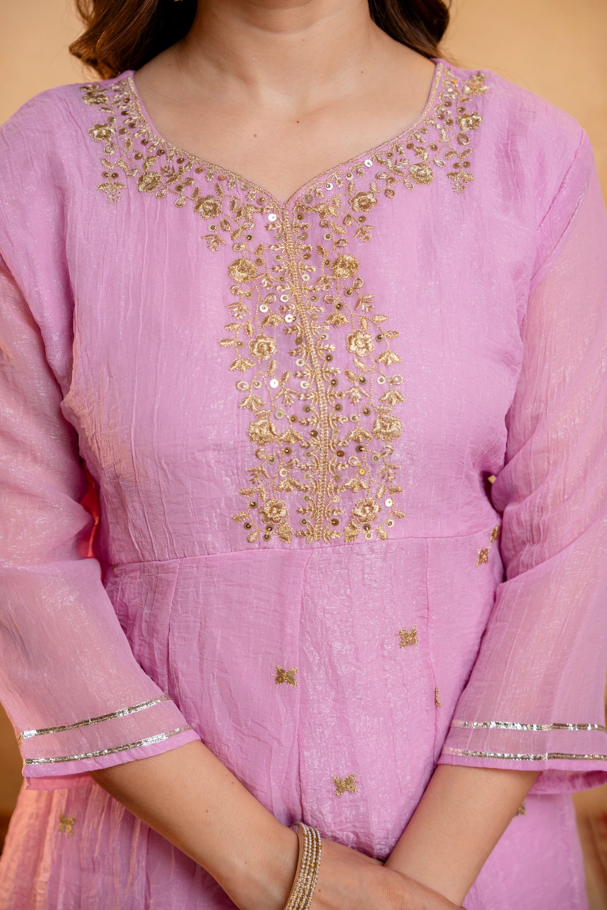 Women's Embroidered Silk Flared Short Kurti & Palazzo Set with Embroidered