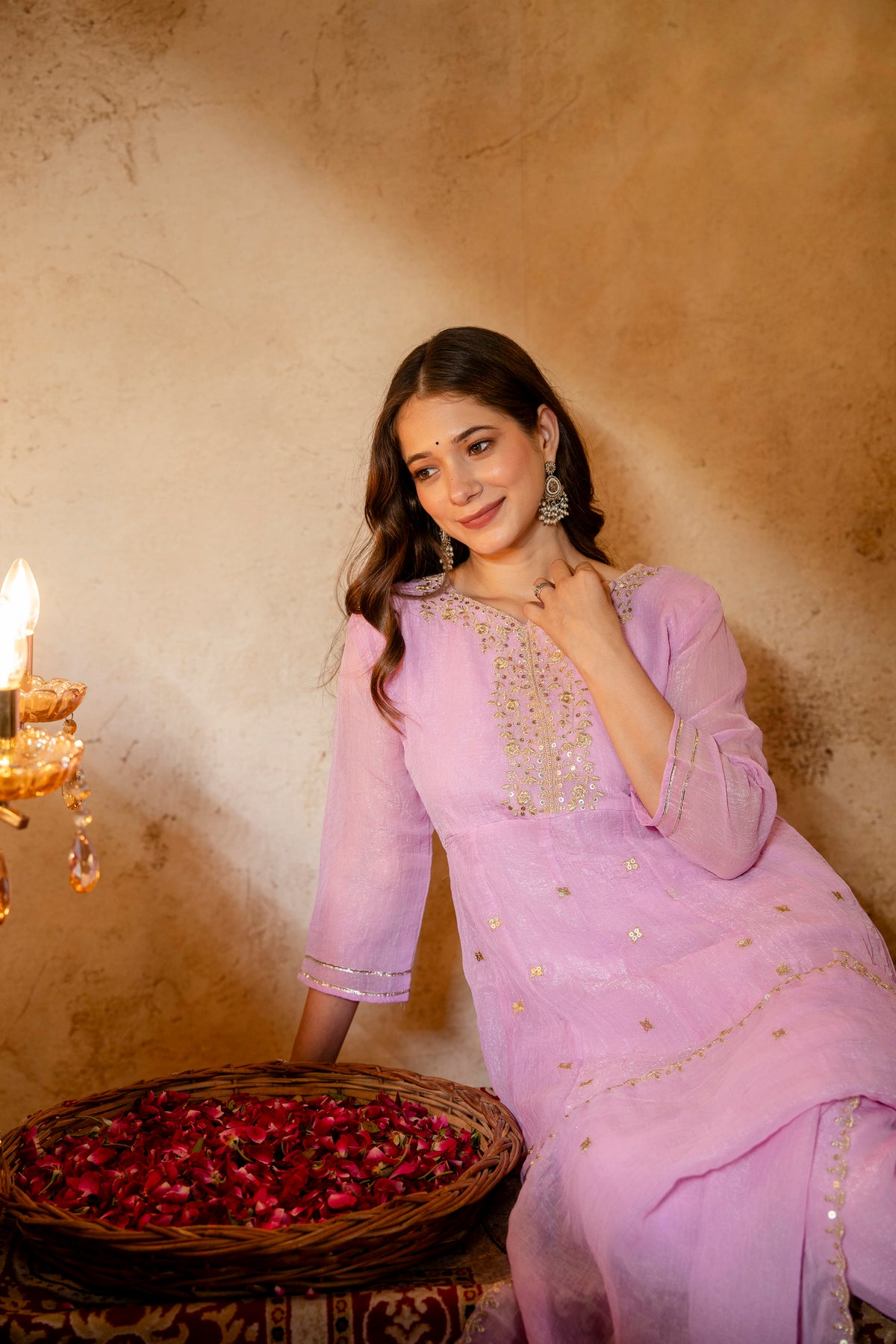 Women's Embroidered Silk Flared Short Kurti & Palazzo Set with Embroidered