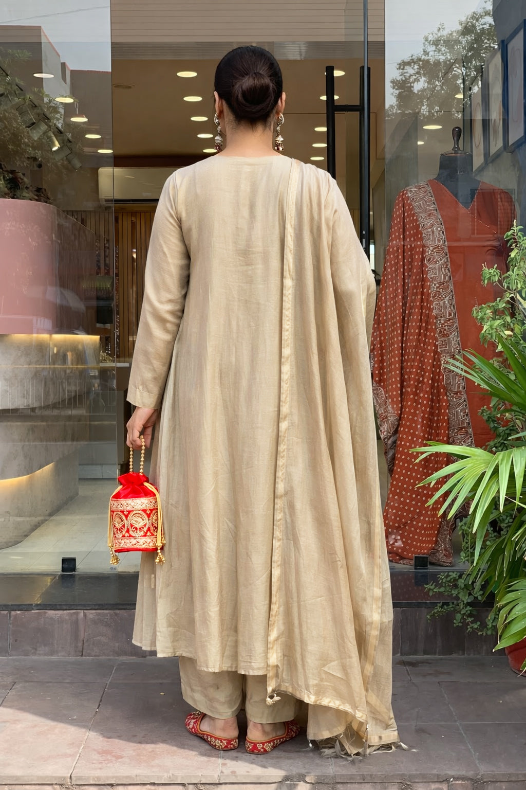 Women’s Beige Embroidered Anarkali Kurta Pant Set with Dupatta – Festive Ethnic Wear Collection