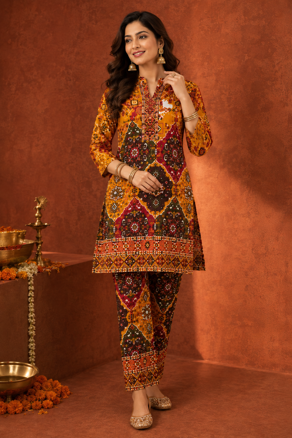 Women's Premium Orange Ethnic Printed Kurta Pant Set