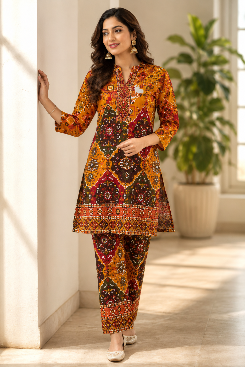 Women's Premium Orange Ethnic Printed Kurta Pant Set