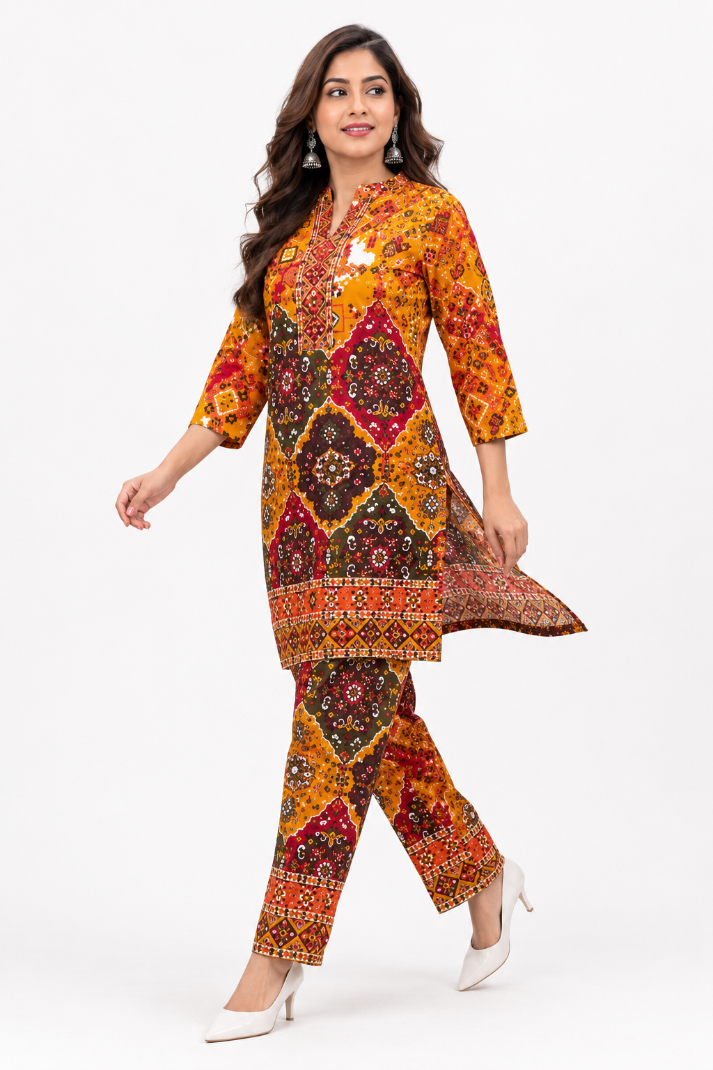 Women's Premium Orange Ethnic Printed Kurta Pant Set