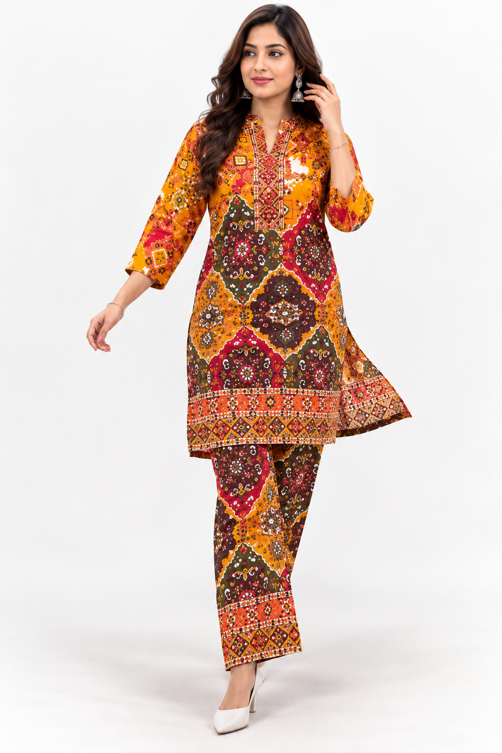 Women's Premium Orange Ethnic Printed Kurta Pant Set